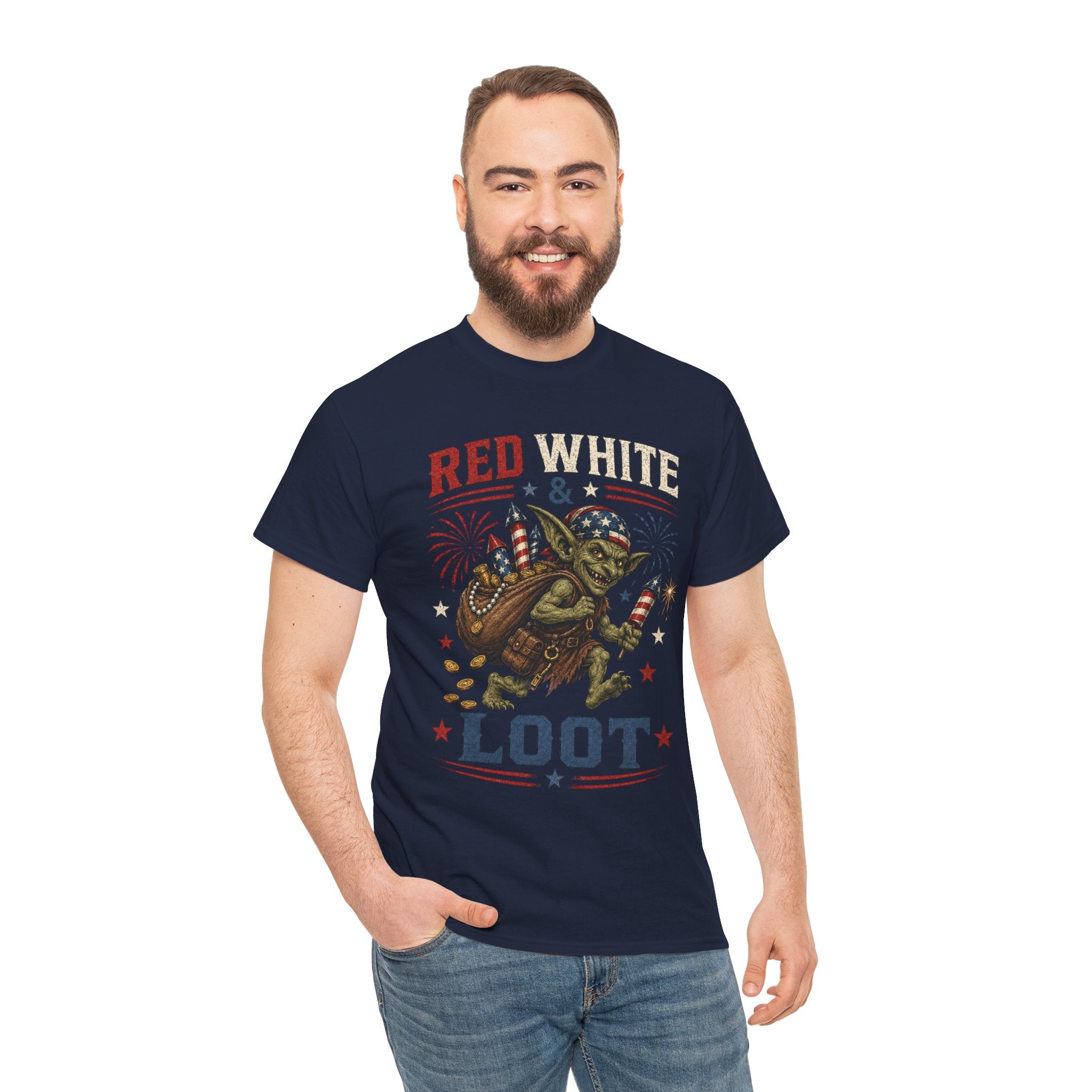 Red White & Loot Goblin Illustration Tee | Patriotic Fourth of July Shirt