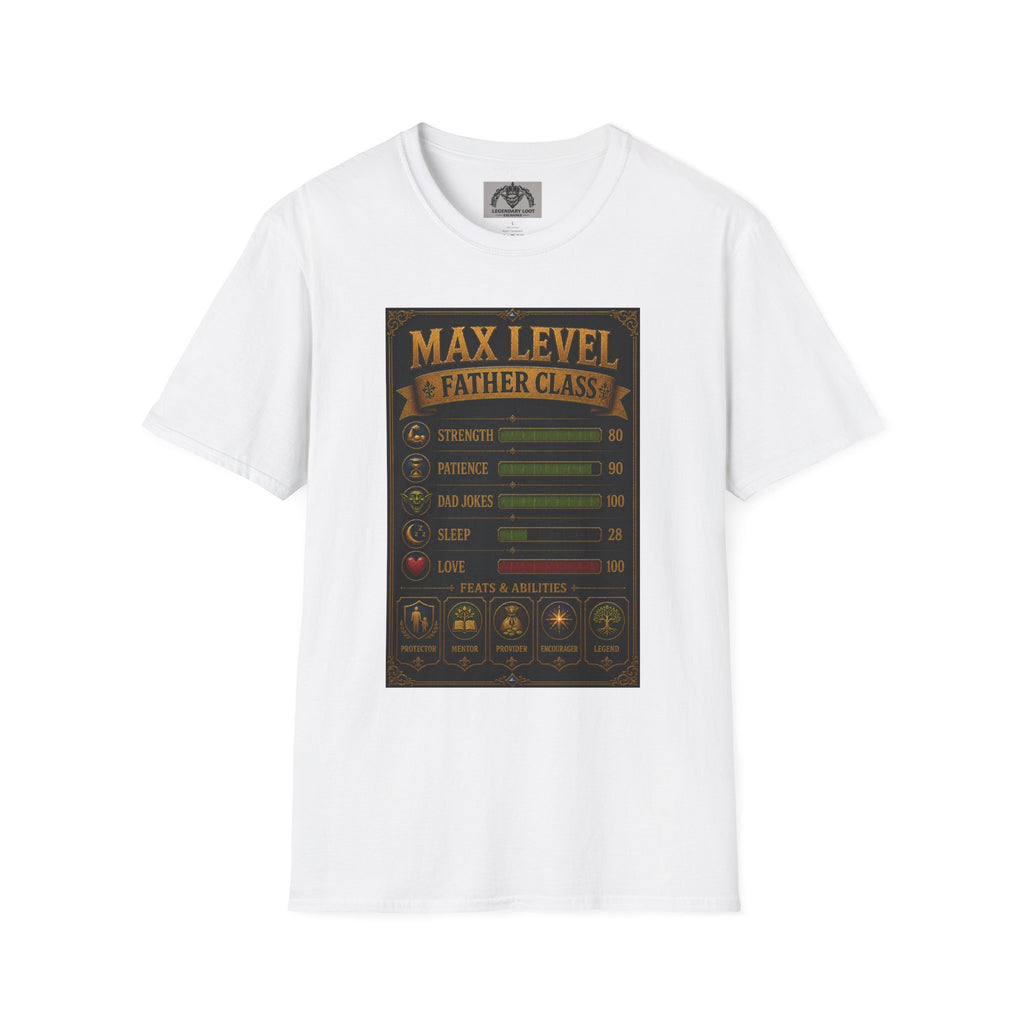 T-Shirt — "Max Level Father Class" Funny Gamer Dad Shirt (Strength, Patience, Dad Jokes)