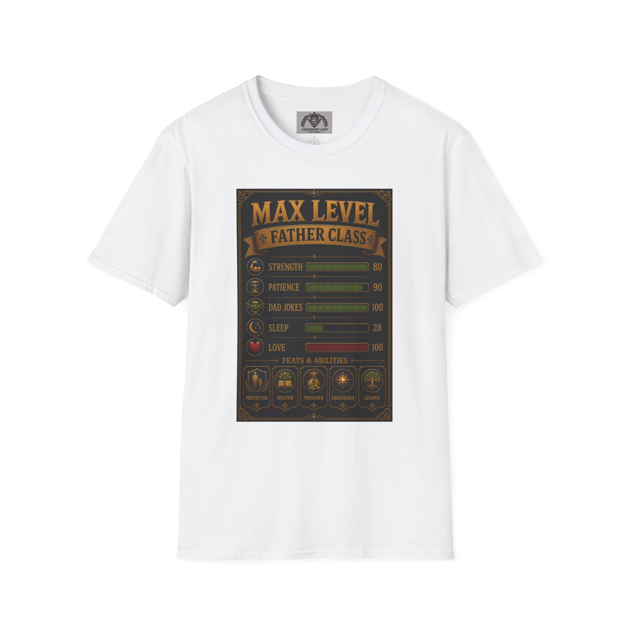 T-Shirt — "Max Level Father Class" Funny Gamer Dad Shirt (Strength, Patience, Dad Jokes)