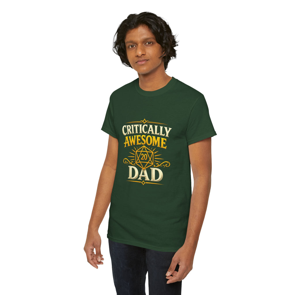 Critically Awesome Dad T‑Shirt – Gold D20 Gaming Father Tee (Father’s Day, Gamer Dad Gift)
