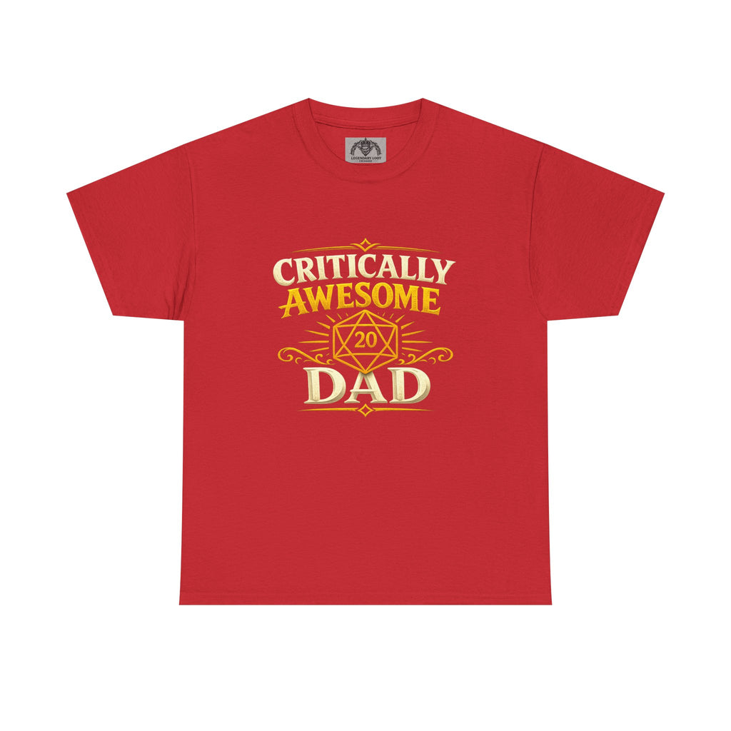 Critically Awesome Dad T‑Shirt – Gold D20 Gaming Father Tee (Father’s Day, Gamer Dad Gift)