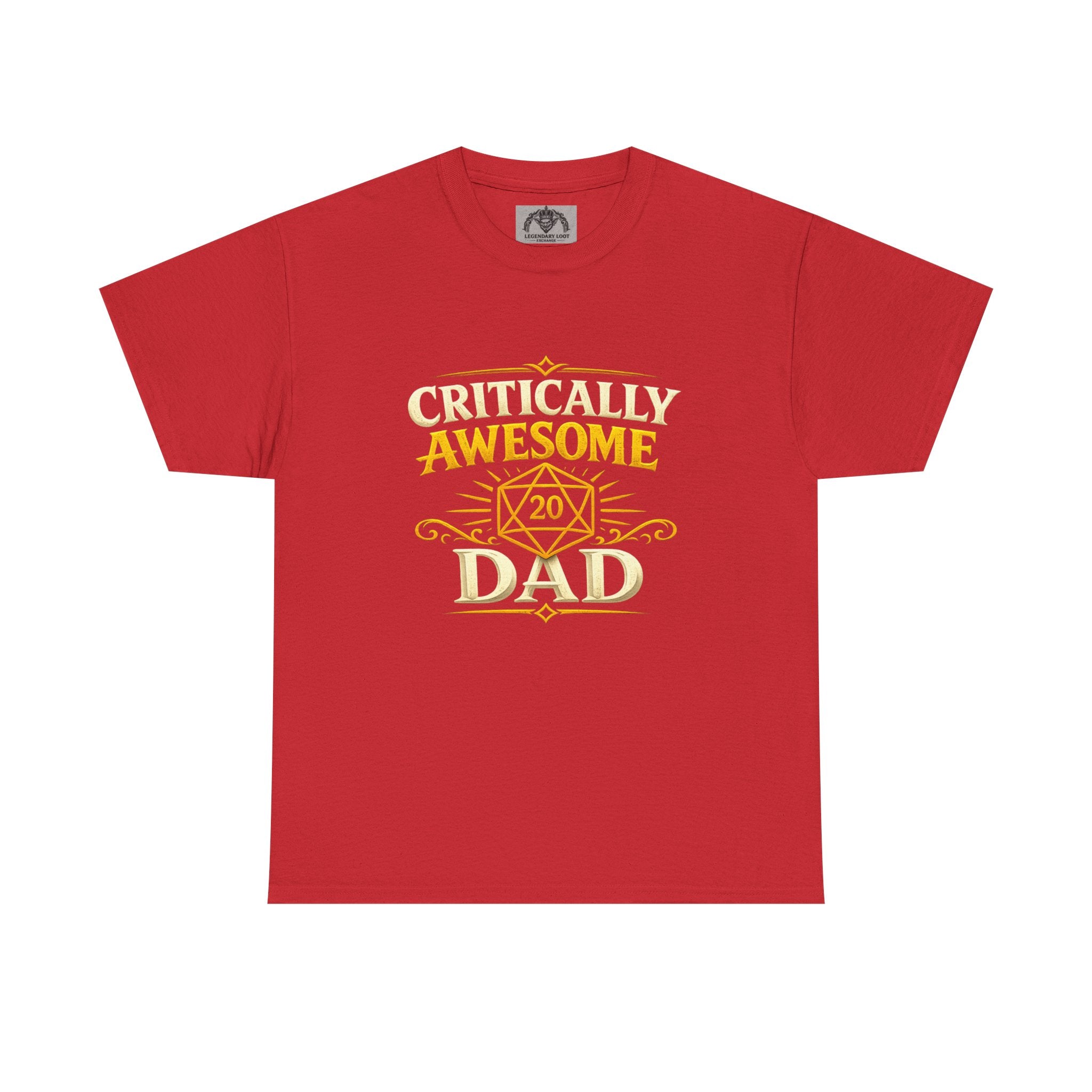 Critically Awesome Dad T‑Shirt – Gold D20 Gaming Father Tee (Father’s Day, Gamer Dad Gift)