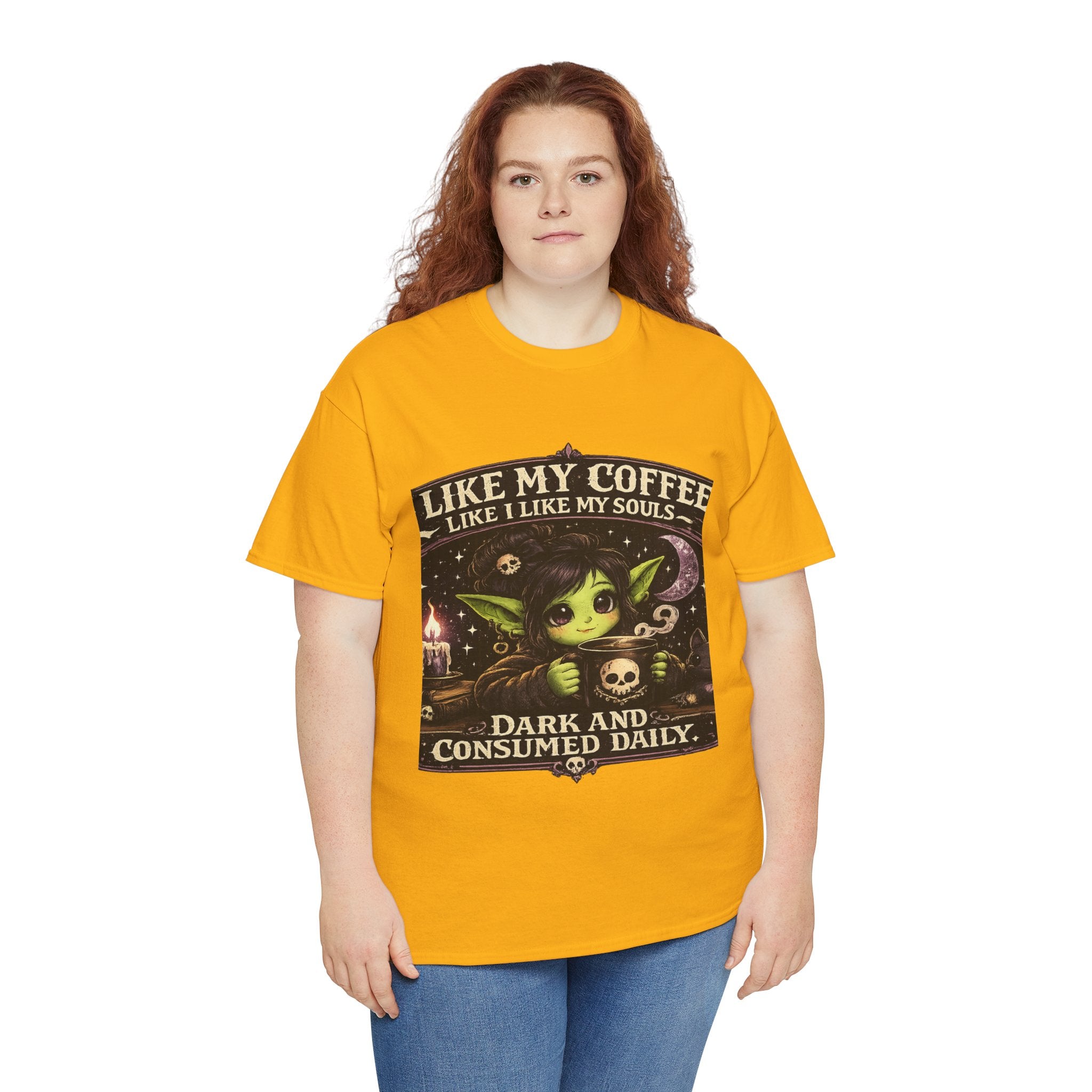 Like My Coffee Tee — "Like My Coffee Like I Like My Souls: Dark and Consumed Daily" Gothic Graphic T-Shirt