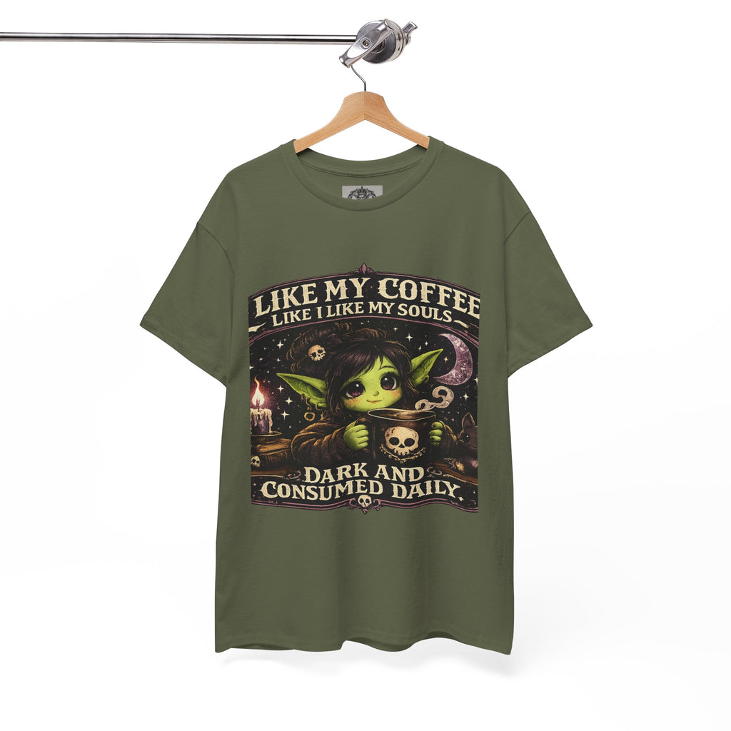 Like My Coffee Tee — "Like My Coffee Like I Like My Souls: Dark and Consumed Daily" Gothic Graphic T-Shirt