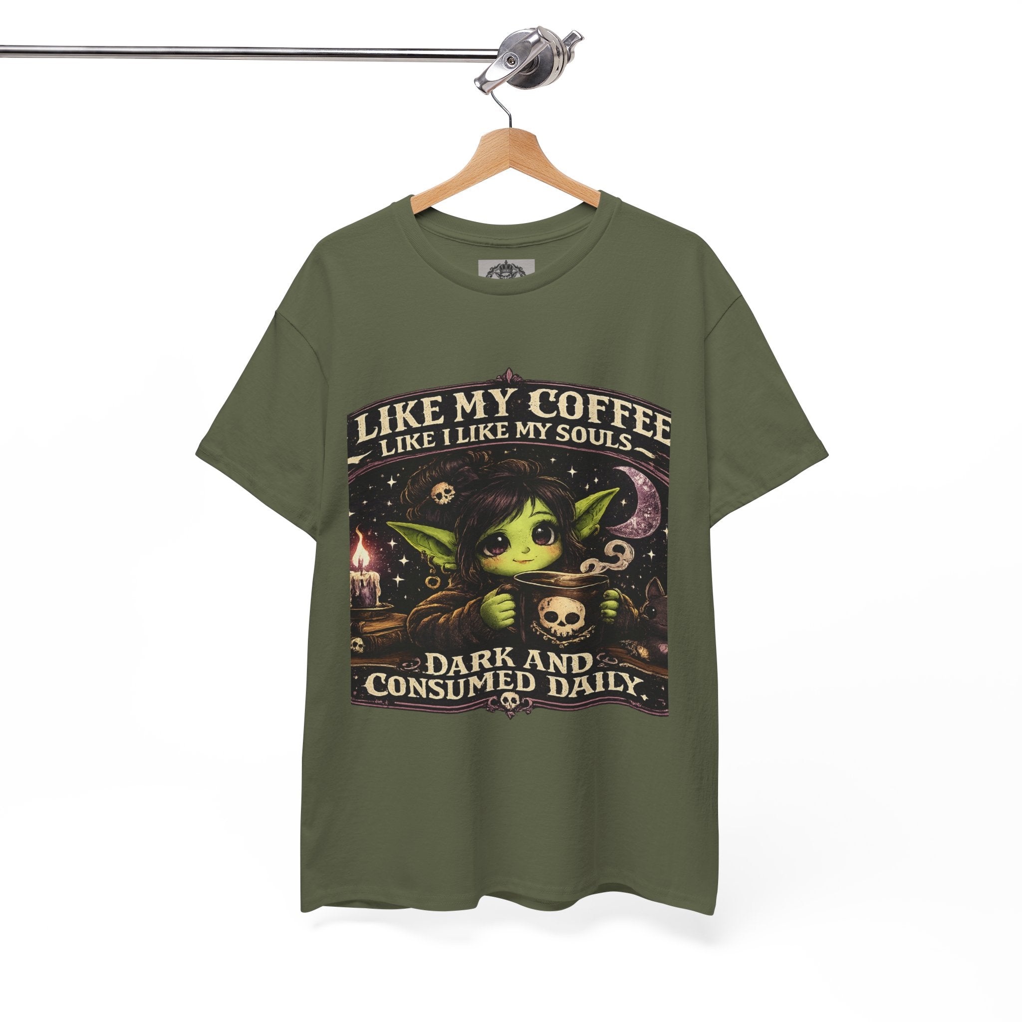 Like My Coffee Tee — "Like My Coffee Like I Like My Souls: Dark and Consumed Daily" Gothic Graphic T-Shirt