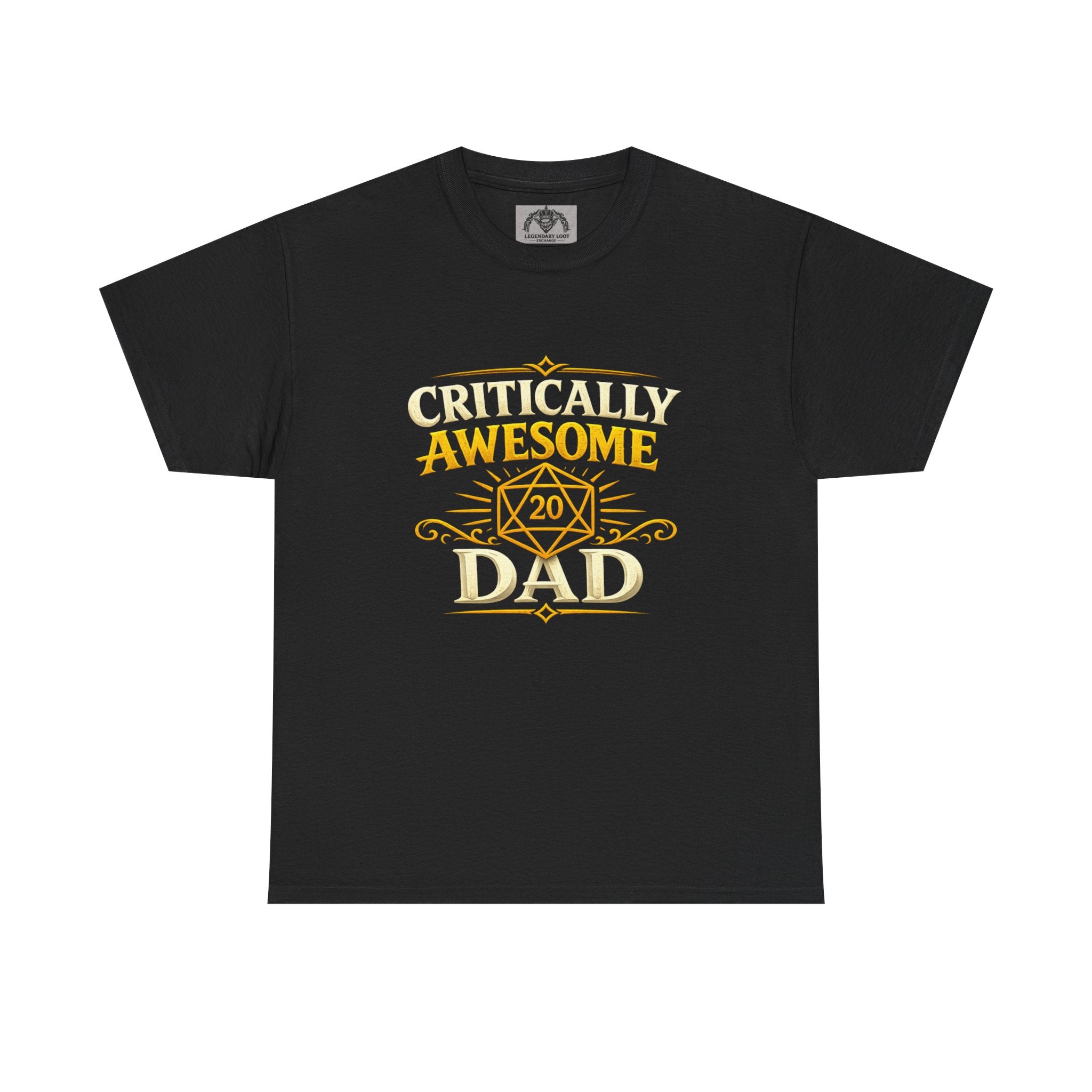 Critically Awesome Dad T‑Shirt – Gold D20 Gaming Father Tee (Father’s Day, Gamer Dad Gift)