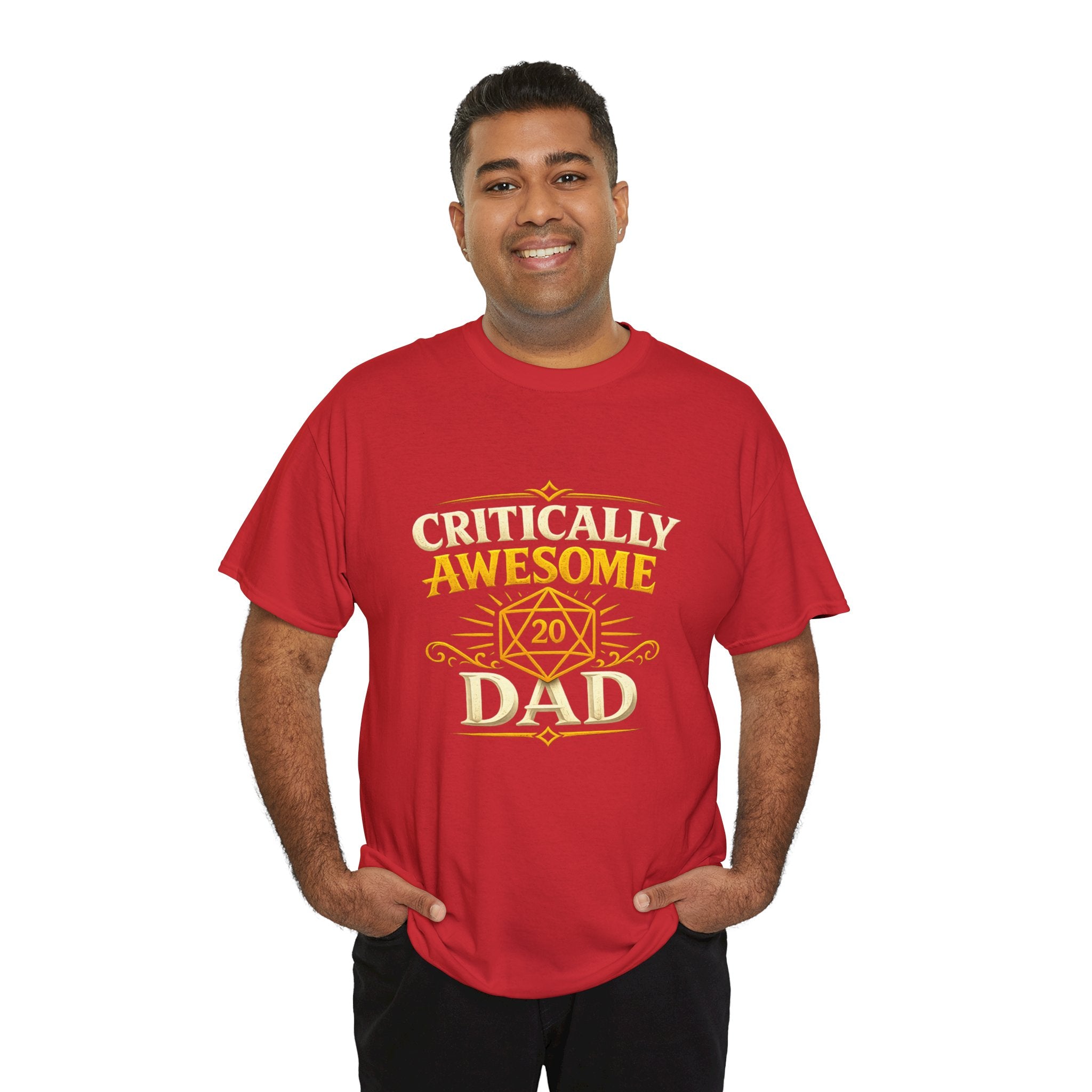 Critically Awesome Dad T‑Shirt – Gold D20 Gaming Father Tee (Father’s Day, Gamer Dad Gift)