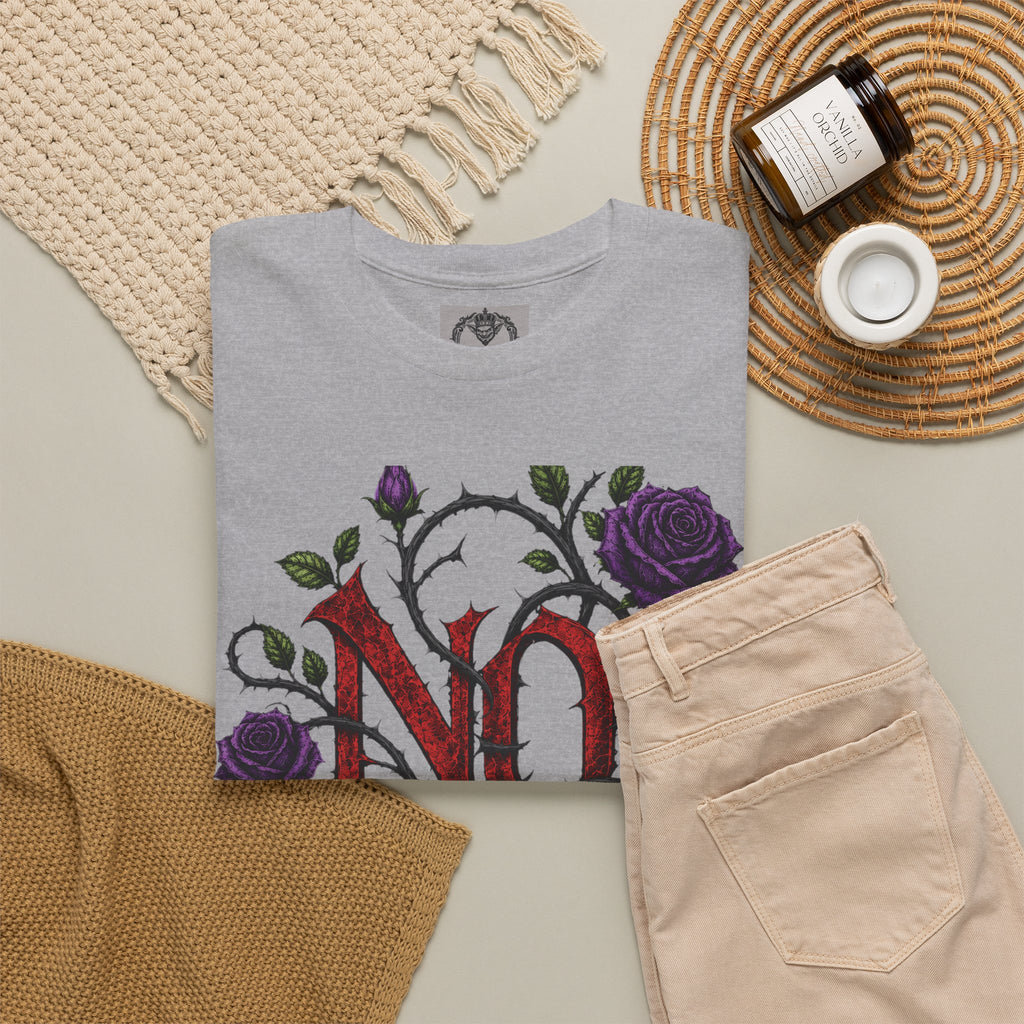 No Go Away T-Shirt | Gothic Purple Roses, Dark Floral Typography