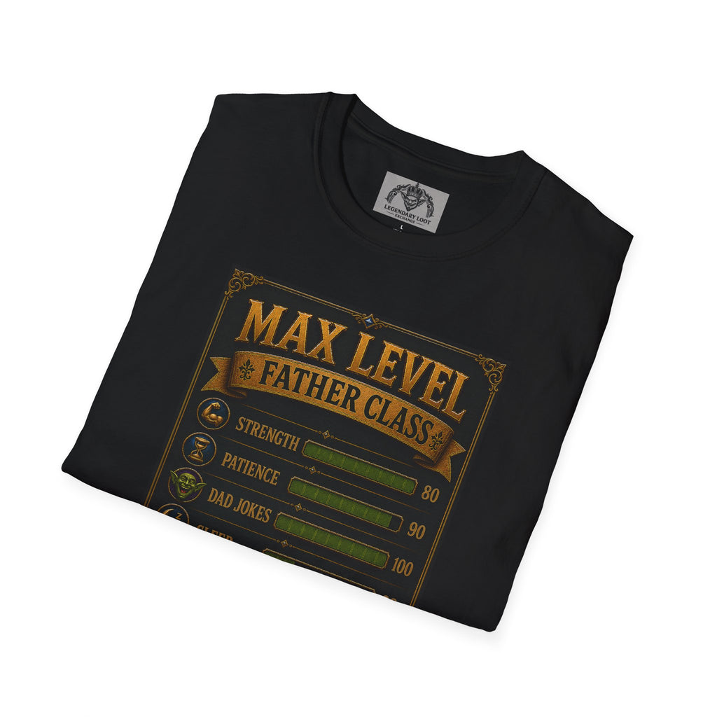 T-Shirt — "Max Level Father Class" Funny Gamer Dad Shirt (Strength, Patience, Dad Jokes)