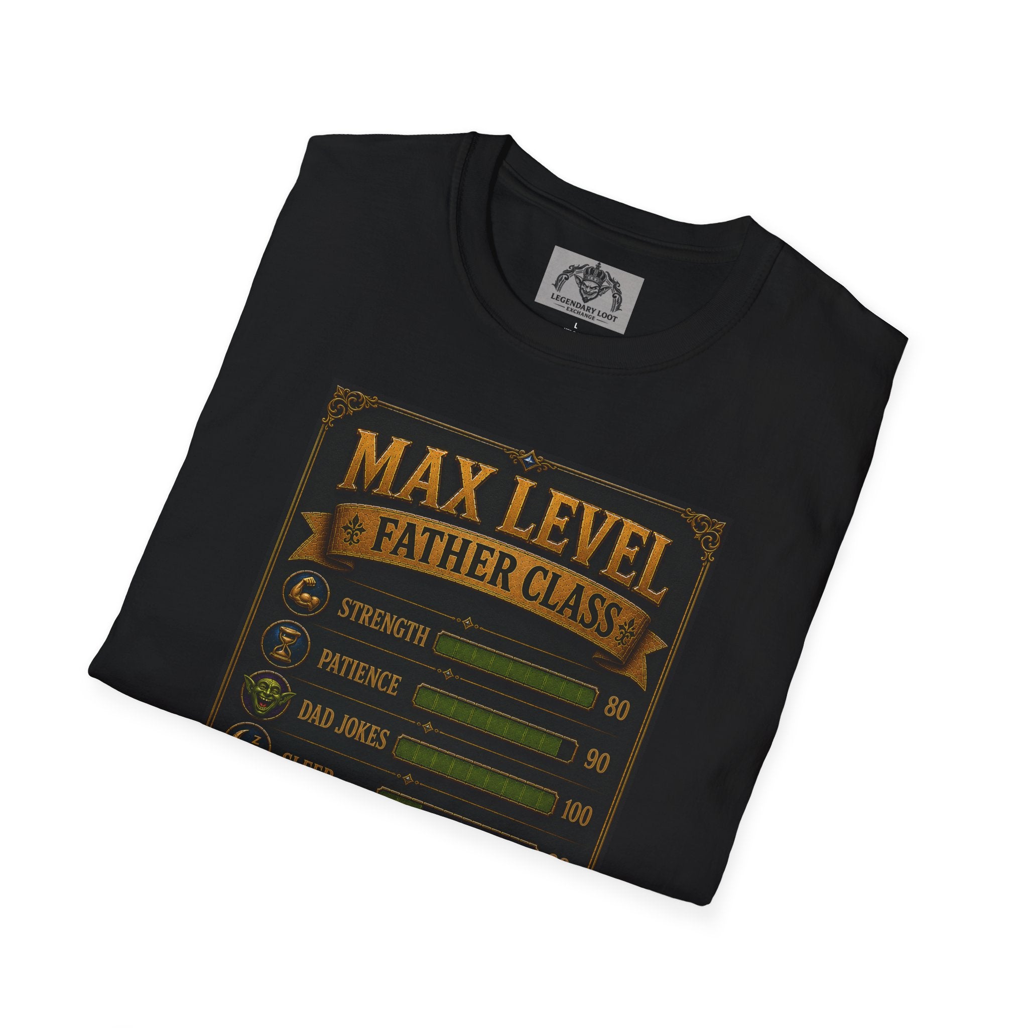 T-Shirt — "Max Level Father Class" Funny Gamer Dad Shirt (Strength, Patience, Dad Jokes)
