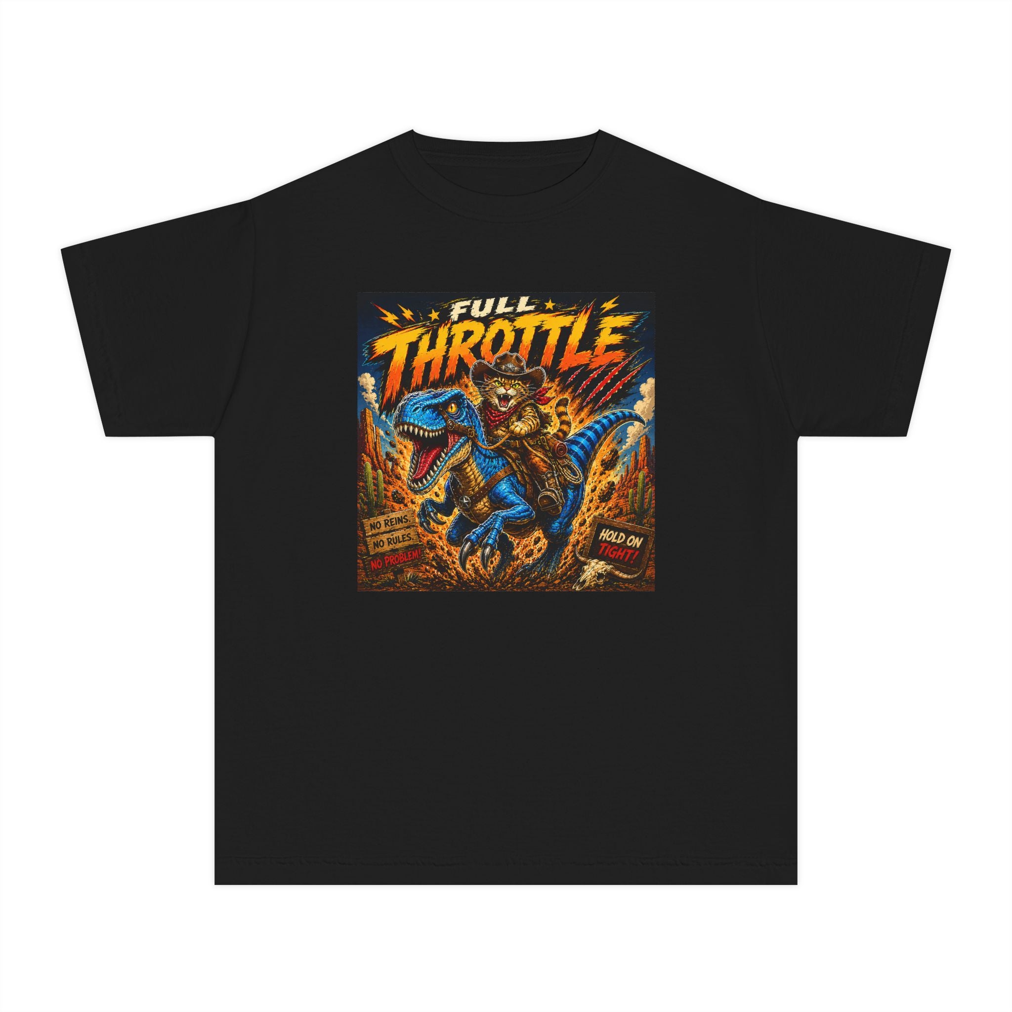 Full Throttle Kids Shirt | Cowboy Riding Dinosaur Tee | Retro Raptor Youth Shirt