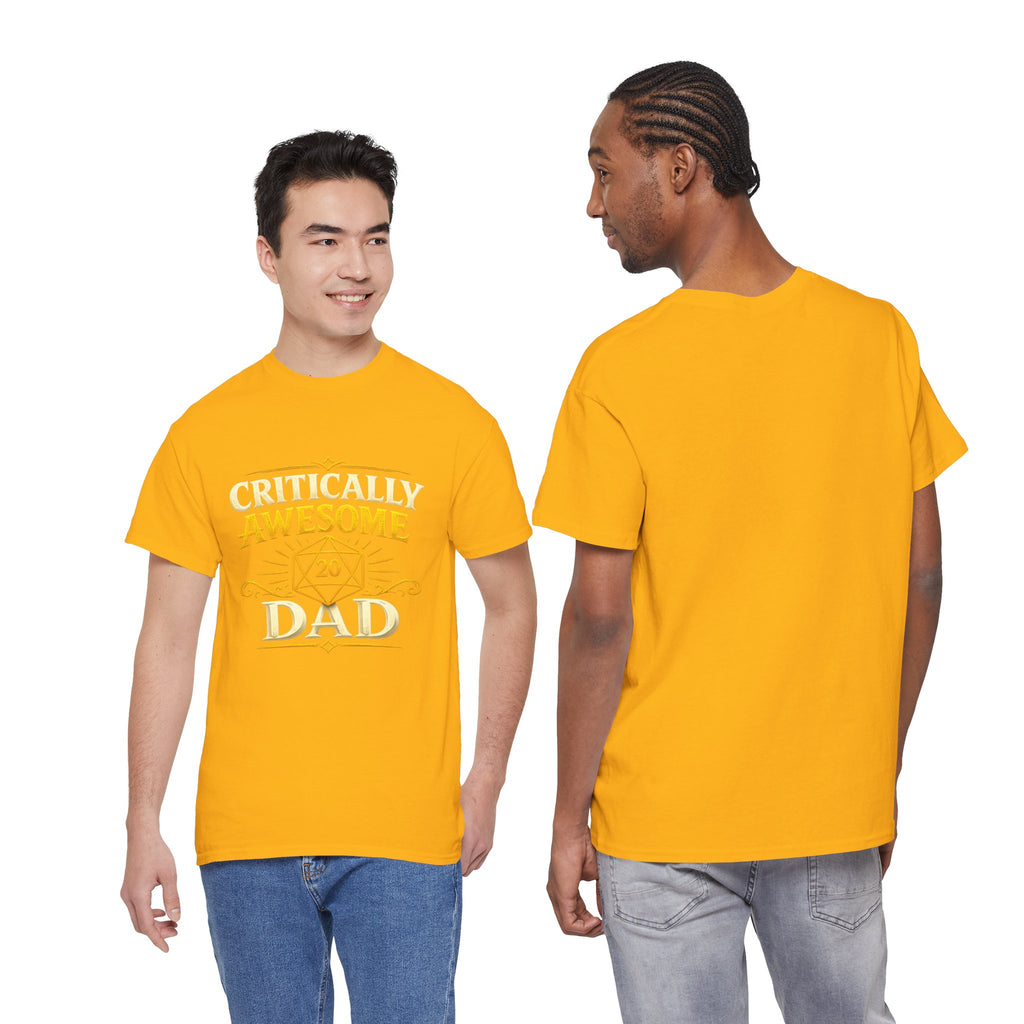 Critically Awesome Dad T‑Shirt – Gold D20 Gaming Father Tee (Father’s Day, Gamer Dad Gift)
