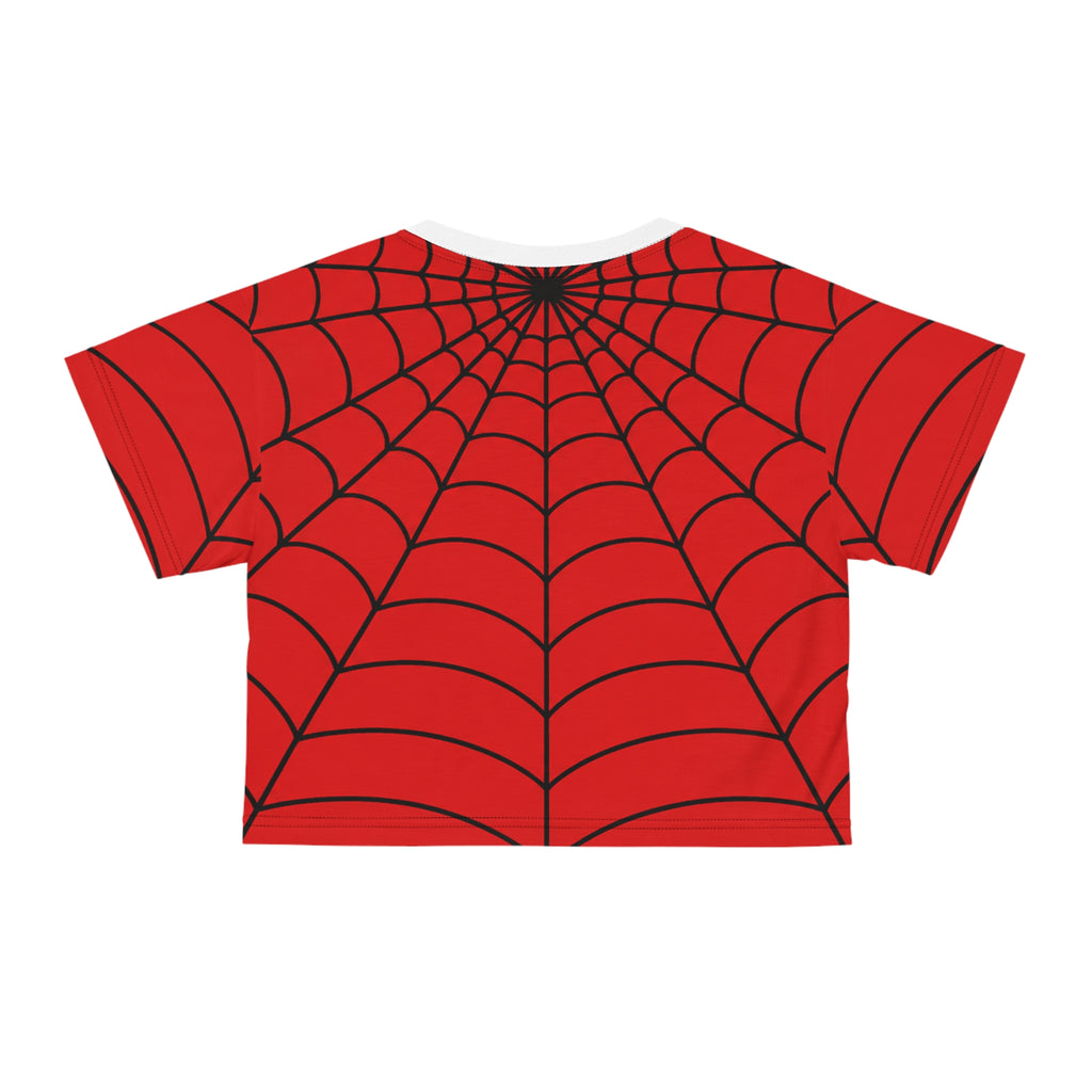 Spider Web Crop Tee - Red All-Over Print Halloween Spiderweb Top