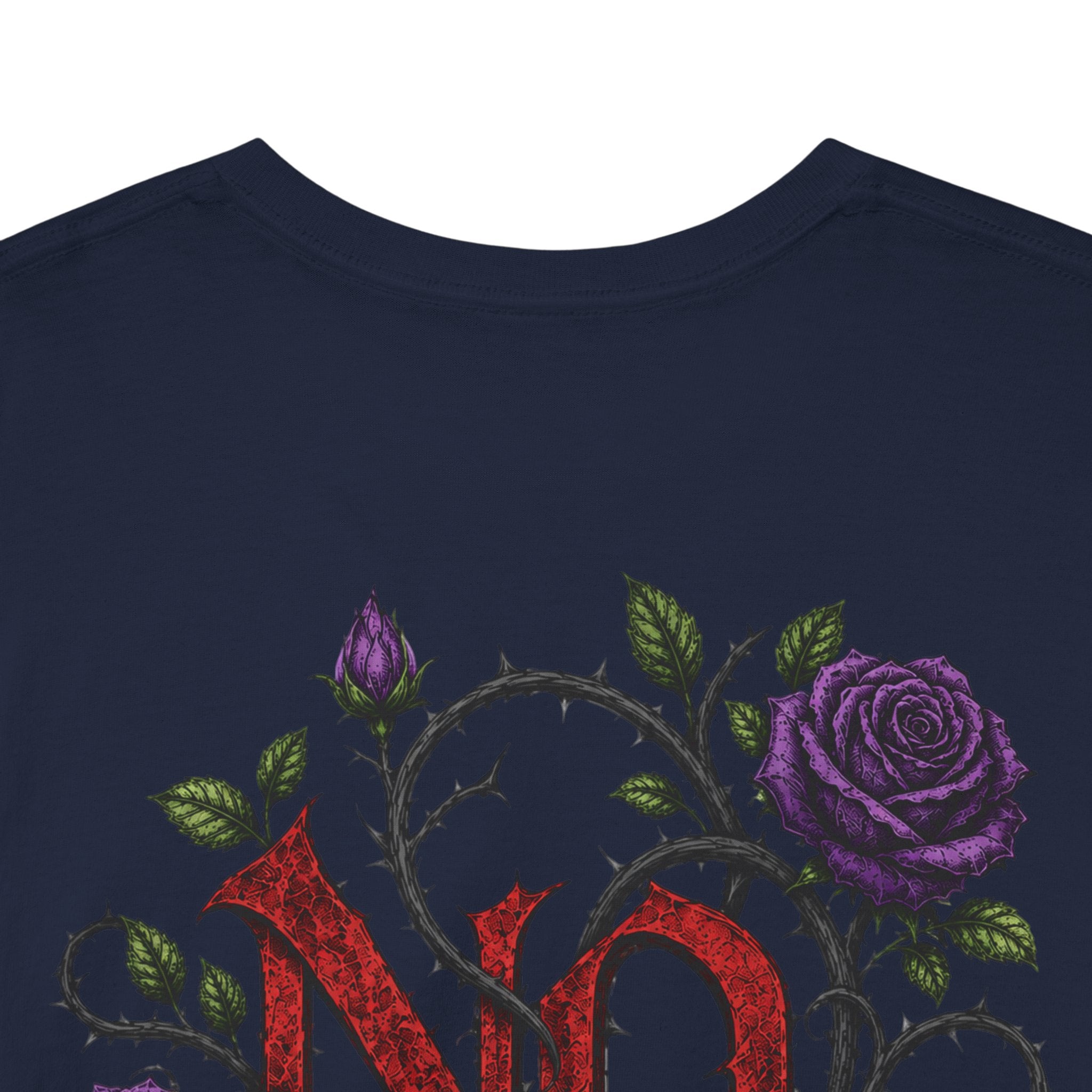 No Go Away T-Shirt | Gothic Purple Roses, Dark Floral Typography