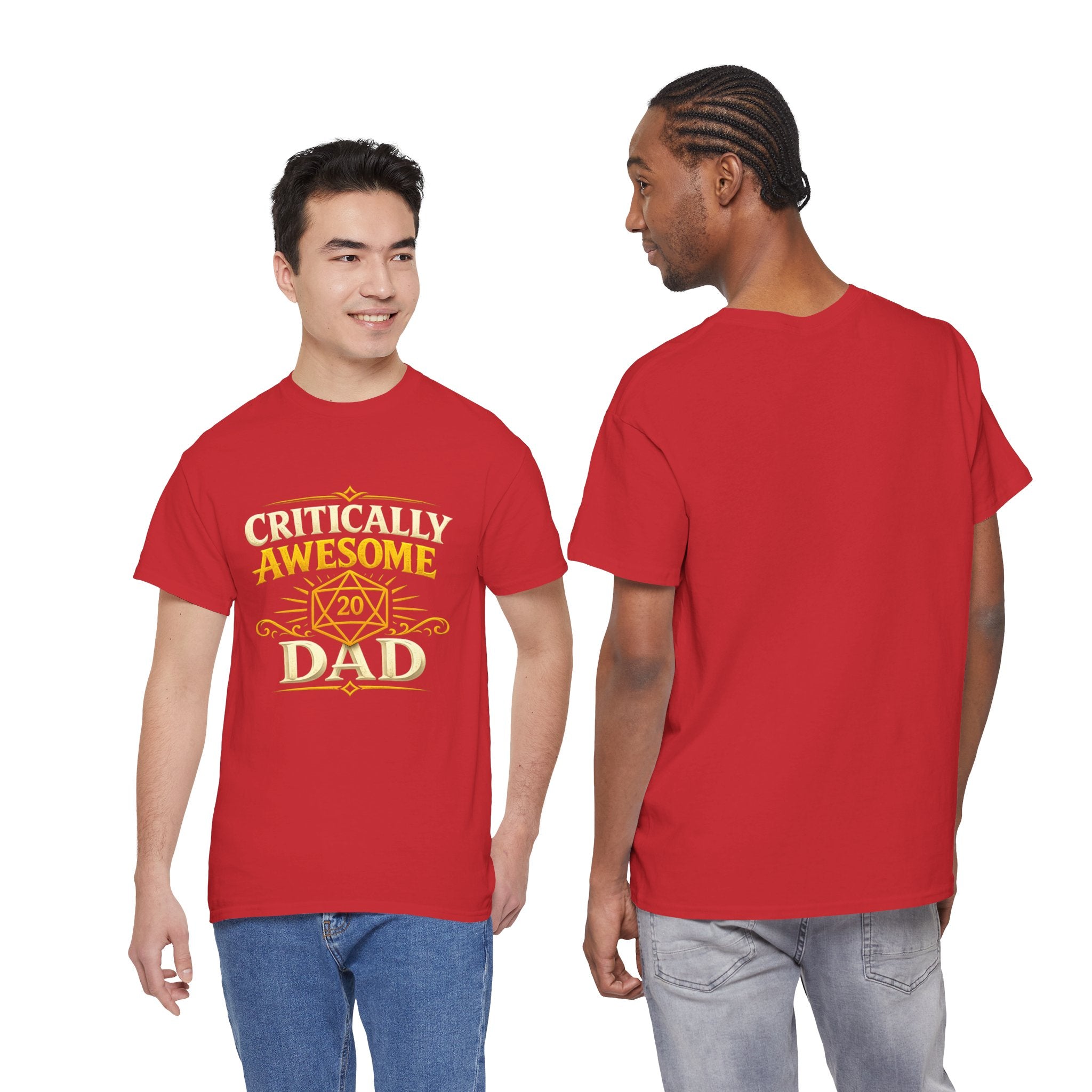 Critically Awesome Dad T‑Shirt – Gold D20 Gaming Father Tee (Father’s Day, Gamer Dad Gift)