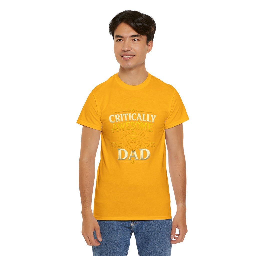 Critically Awesome Dad T‑Shirt – Gold D20 Gaming Father Tee (Father’s Day, Gamer Dad Gift)