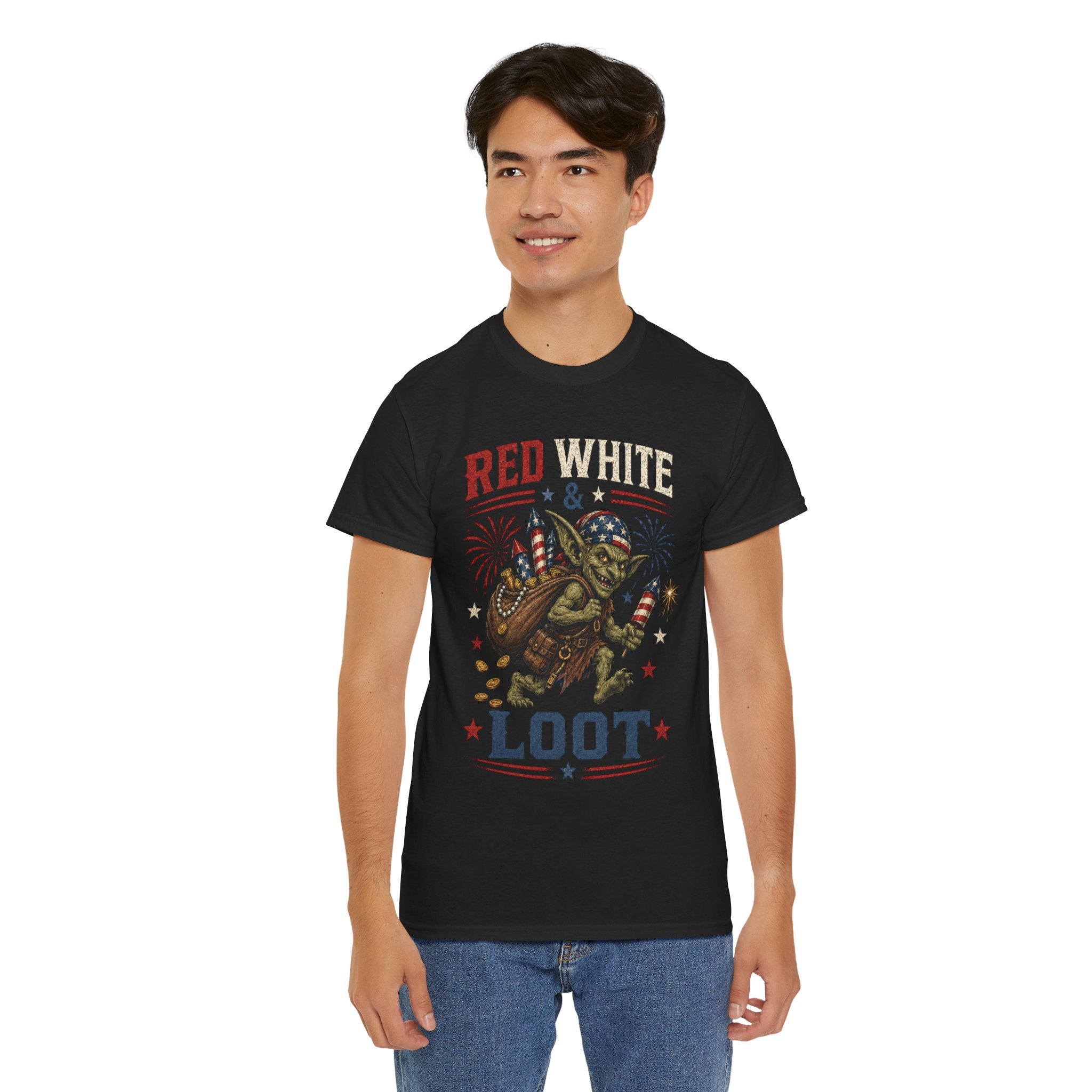 Red White & Loot Goblin Illustration Tee | Patriotic Fourth of July Shirt