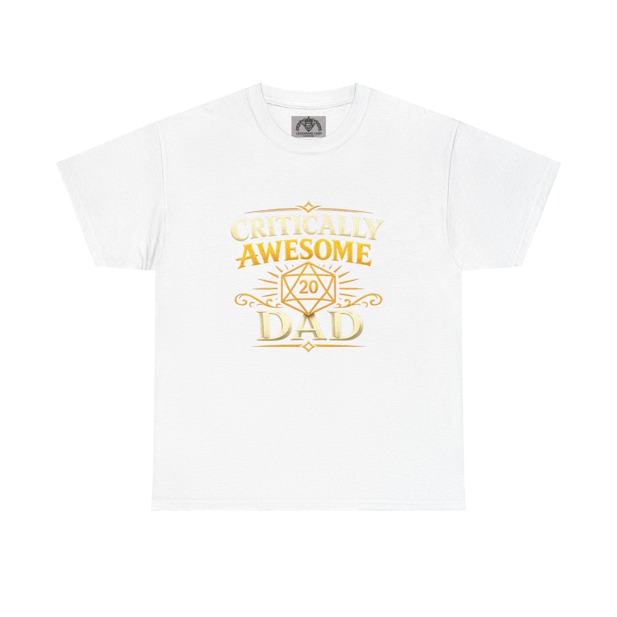 Critically Awesome Dad T‑Shirt – Gold D20 Gaming Father Tee (Father’s Day, Gamer Dad Gift)
