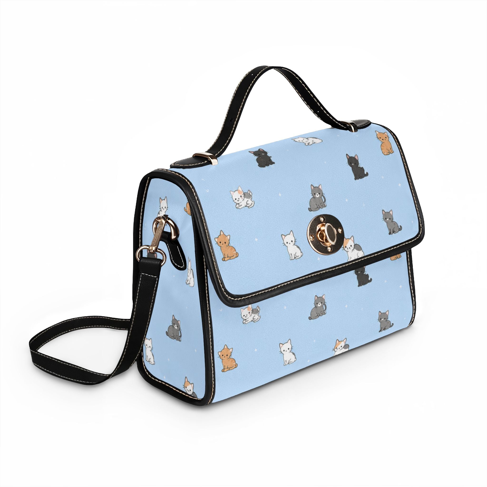 Cute Cat Pattern Waterproof Canvas Bag | Light Blue Cat Print Handbag