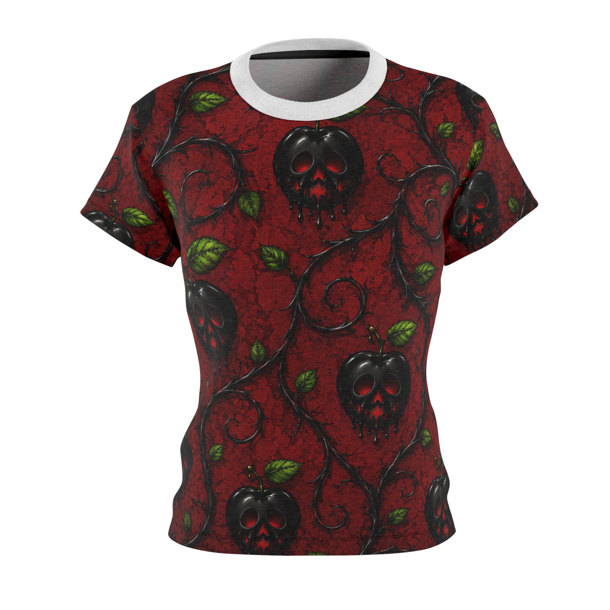 Women's Red Poison Apple Tee — Gothic Floral Skull Pattern