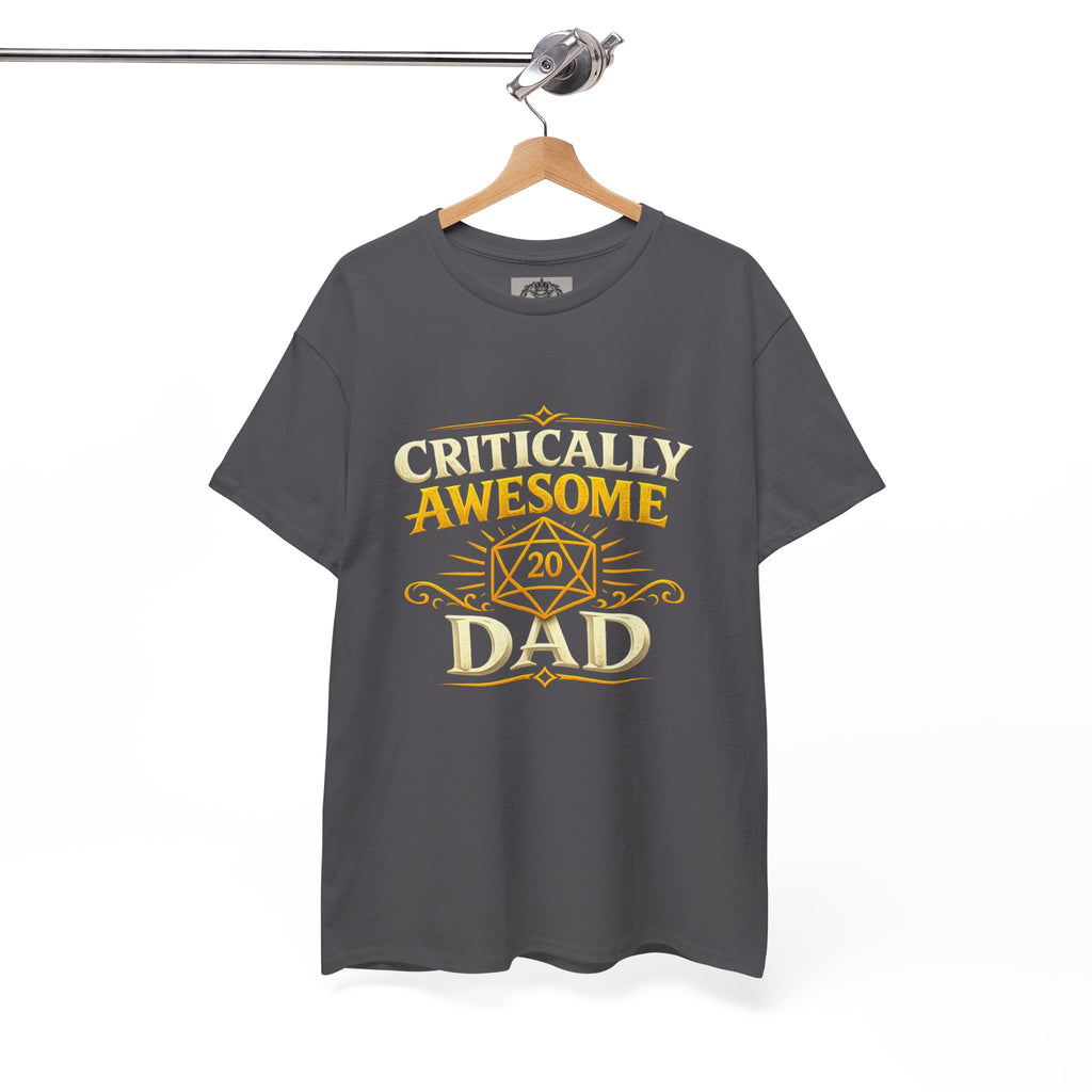 Critically Awesome Dad T‑Shirt – Gold D20 Gaming Father Tee (Father’s Day, Gamer Dad Gift)