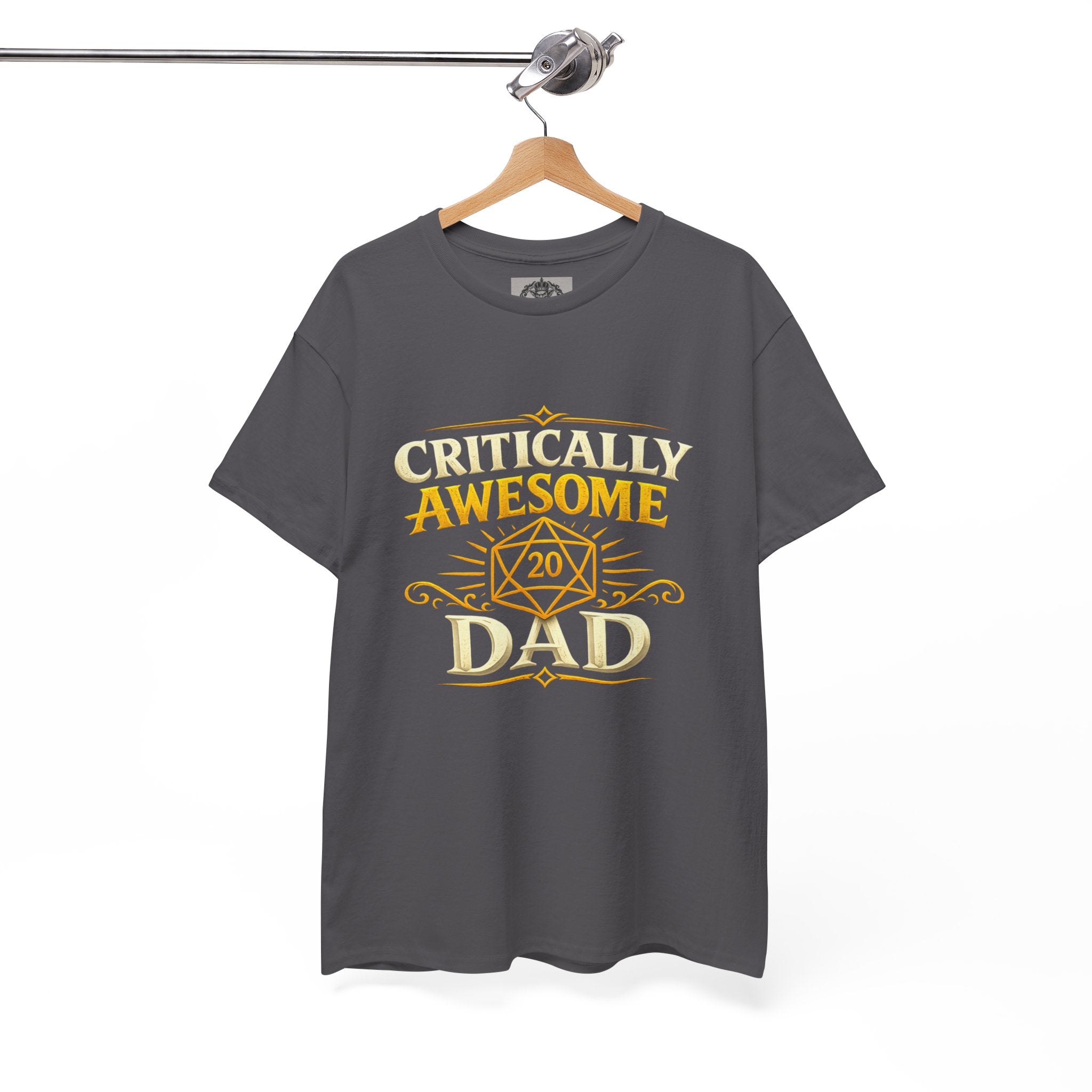 Critically Awesome Dad T‑Shirt – Gold D20 Gaming Father Tee (Father’s Day, Gamer Dad Gift)