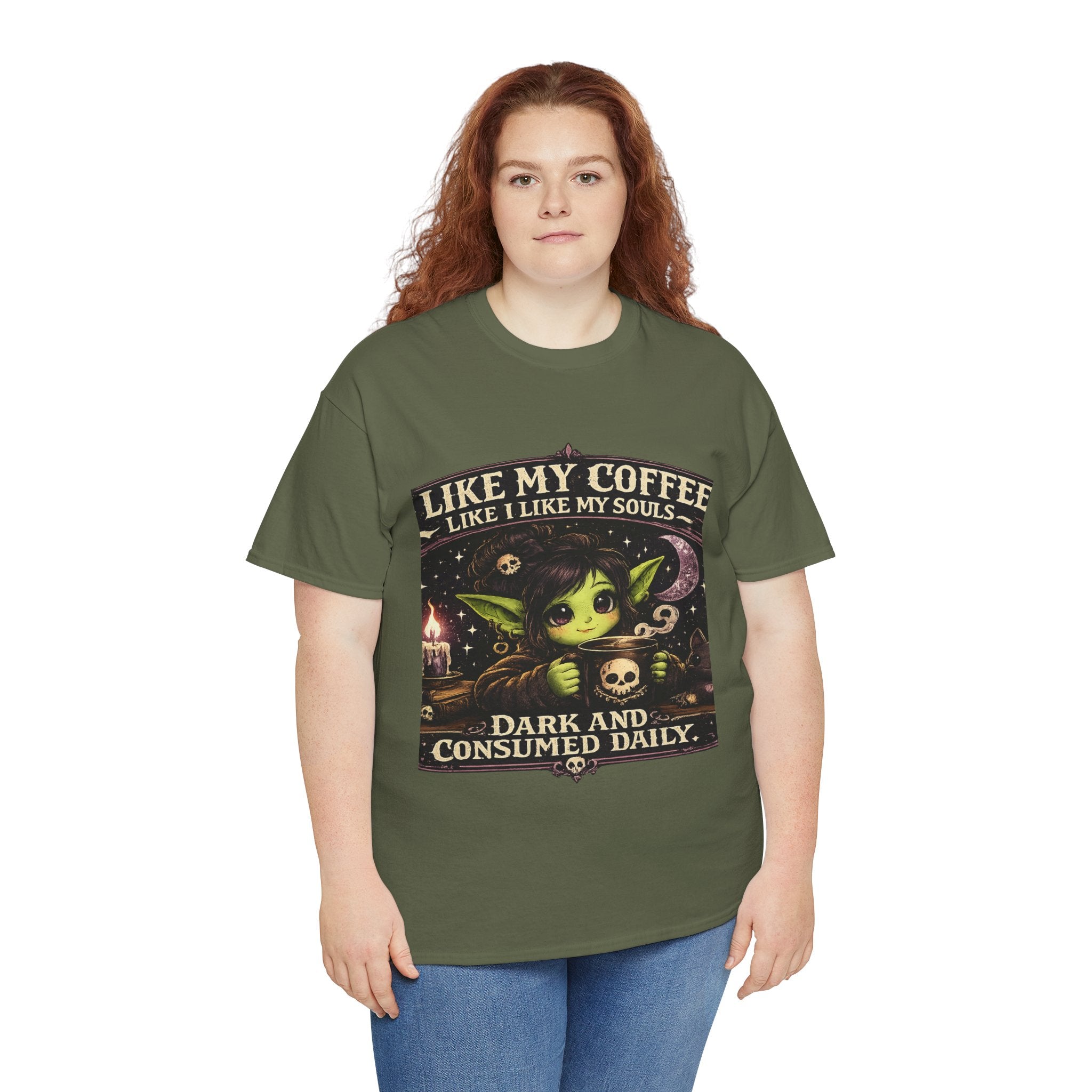 Like My Coffee Tee — "Like My Coffee Like I Like My Souls: Dark and Consumed Daily" Gothic Graphic T-Shirt