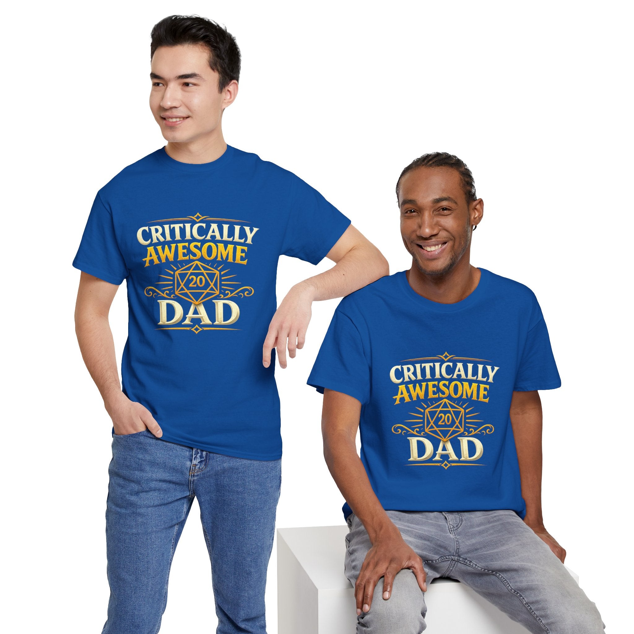 Critically Awesome Dad T‑Shirt – Gold D20 Gaming Father Tee (Father’s Day, Gamer Dad Gift)