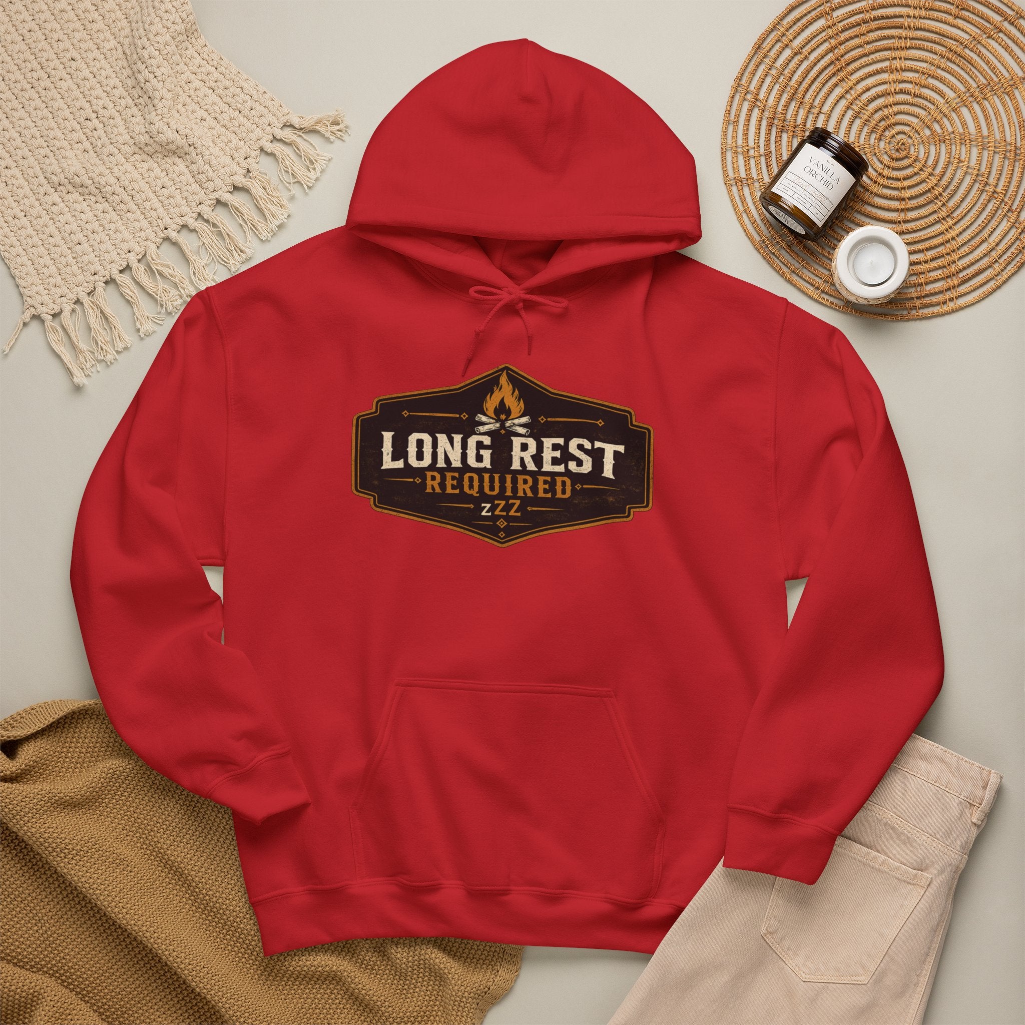 Long Rest Required Hoodie — Camping Campfire Graphic Pullover