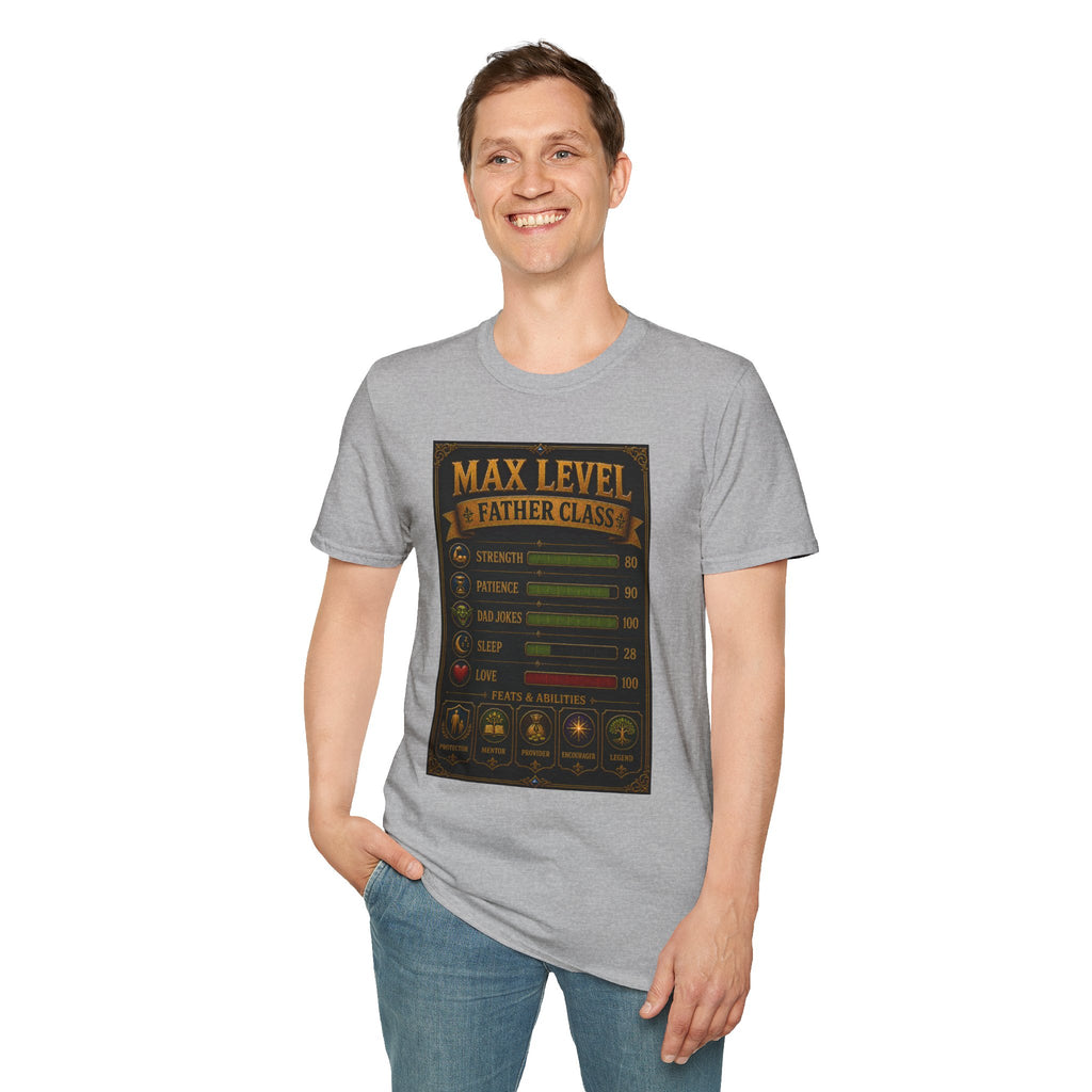 T-Shirt — "Max Level Father Class" Funny Gamer Dad Shirt (Strength, Patience, Dad Jokes)