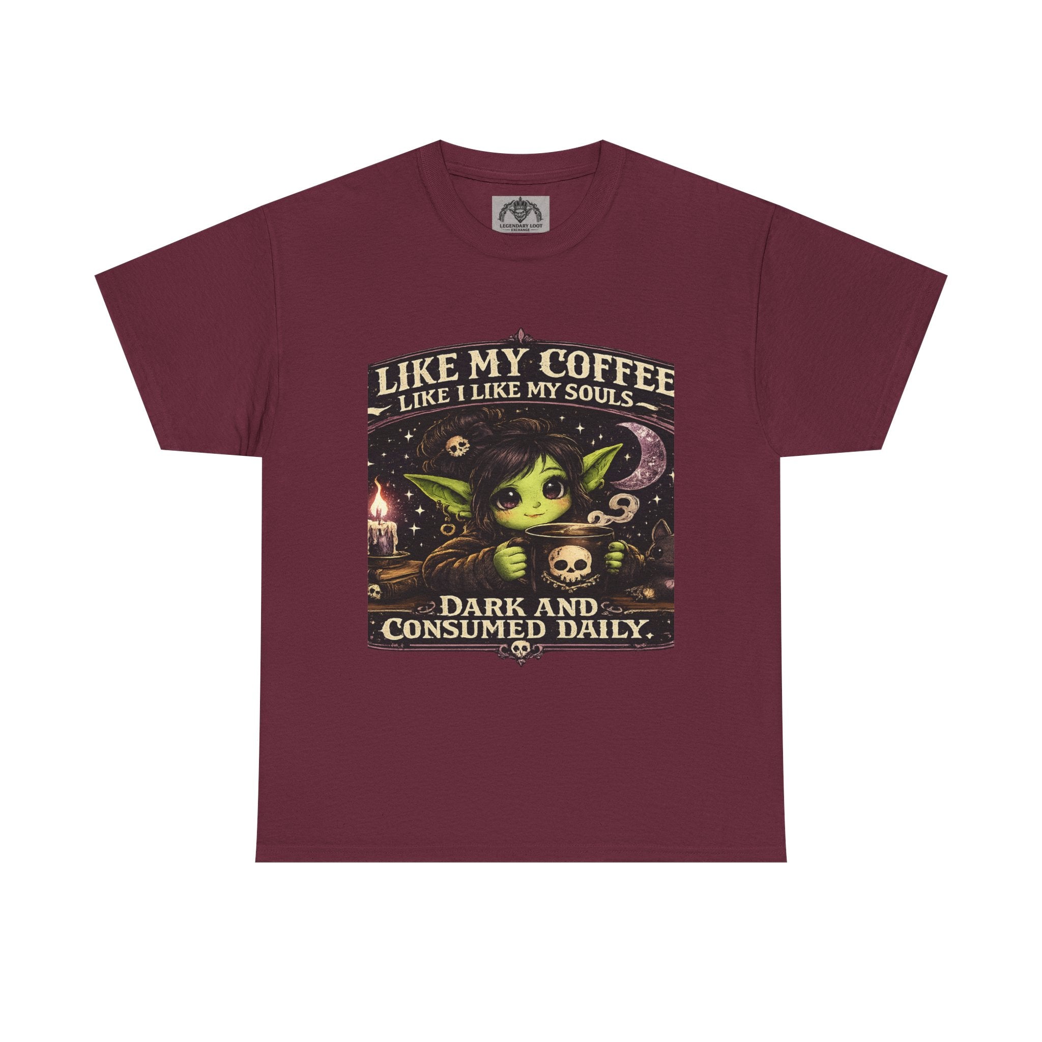 Like My Coffee Tee — "Like My Coffee Like I Like My Souls: Dark and Consumed Daily" Gothic Graphic T-Shirt