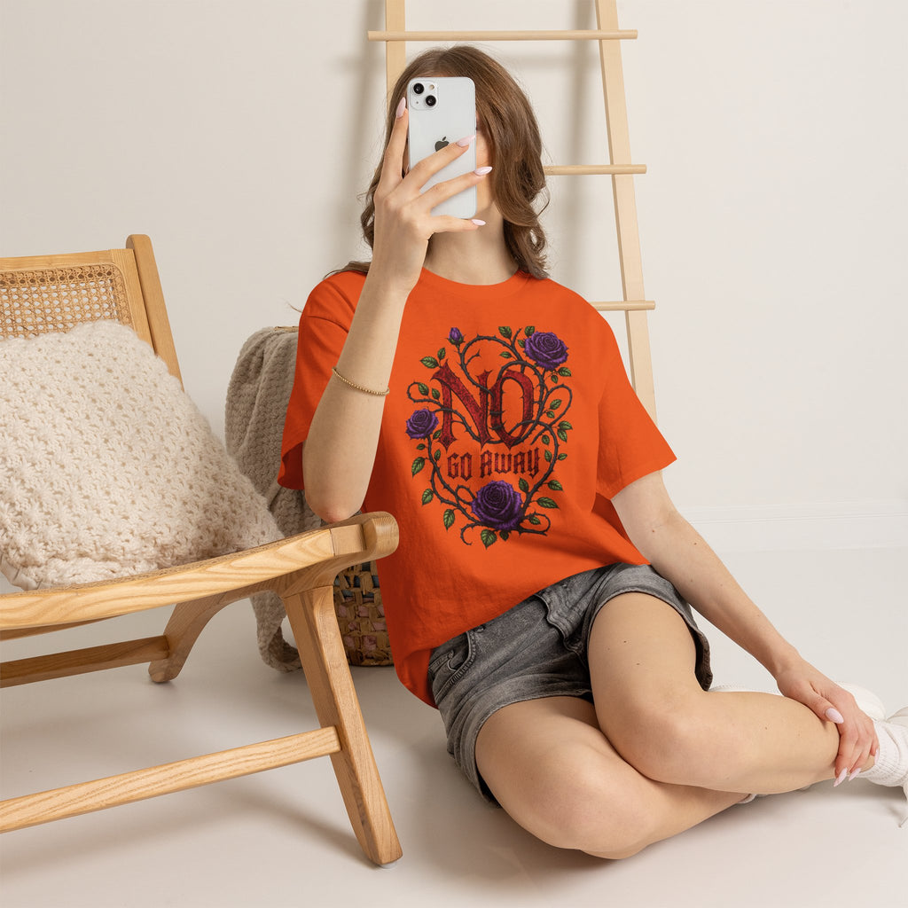 No Go Away T-Shirt | Gothic Purple Roses, Dark Floral Typography