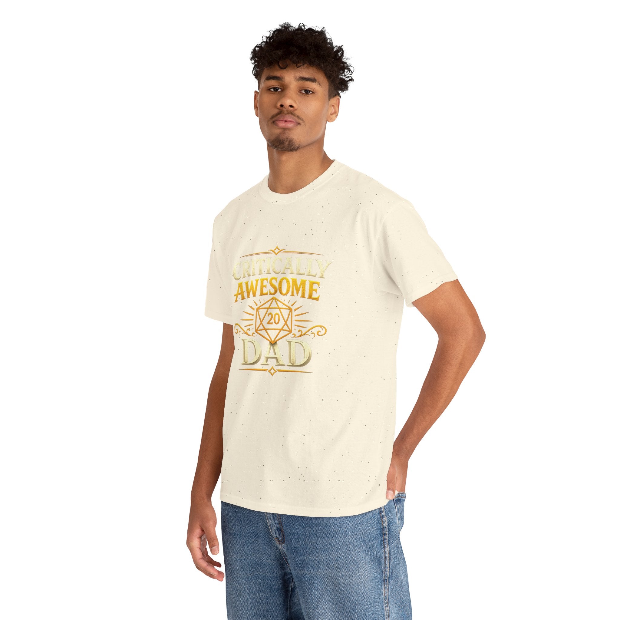 Critically Awesome Dad T‑Shirt – Gold D20 Gaming Father Tee (Father’s Day, Gamer Dad Gift)