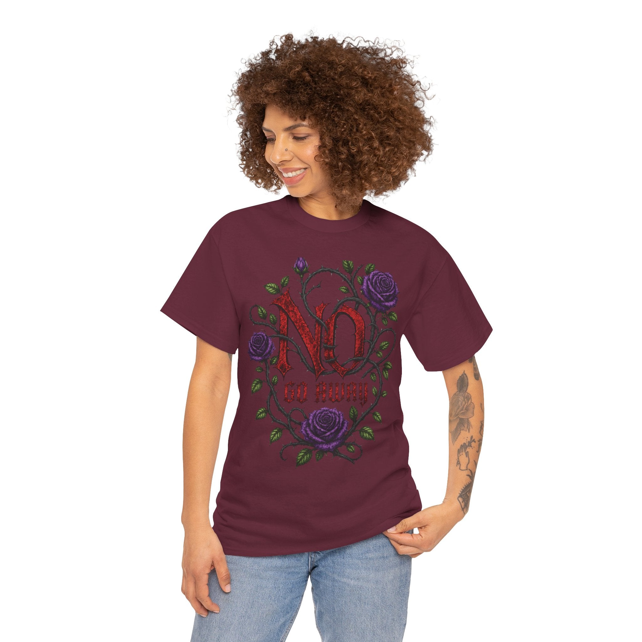 No Go Away T-Shirt | Gothic Purple Roses, Dark Floral Typography