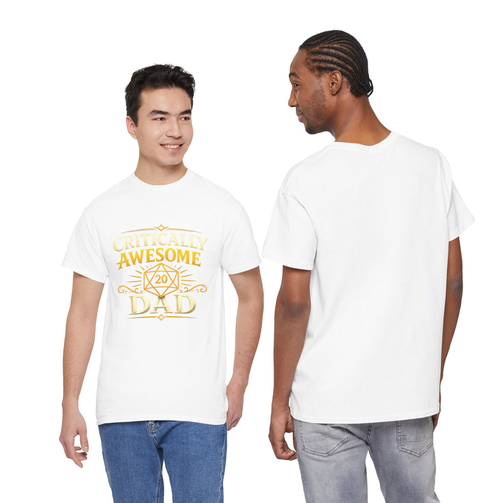 Critically Awesome Dad T‑Shirt – Gold D20 Gaming Father Tee (Father’s Day, Gamer Dad Gift)