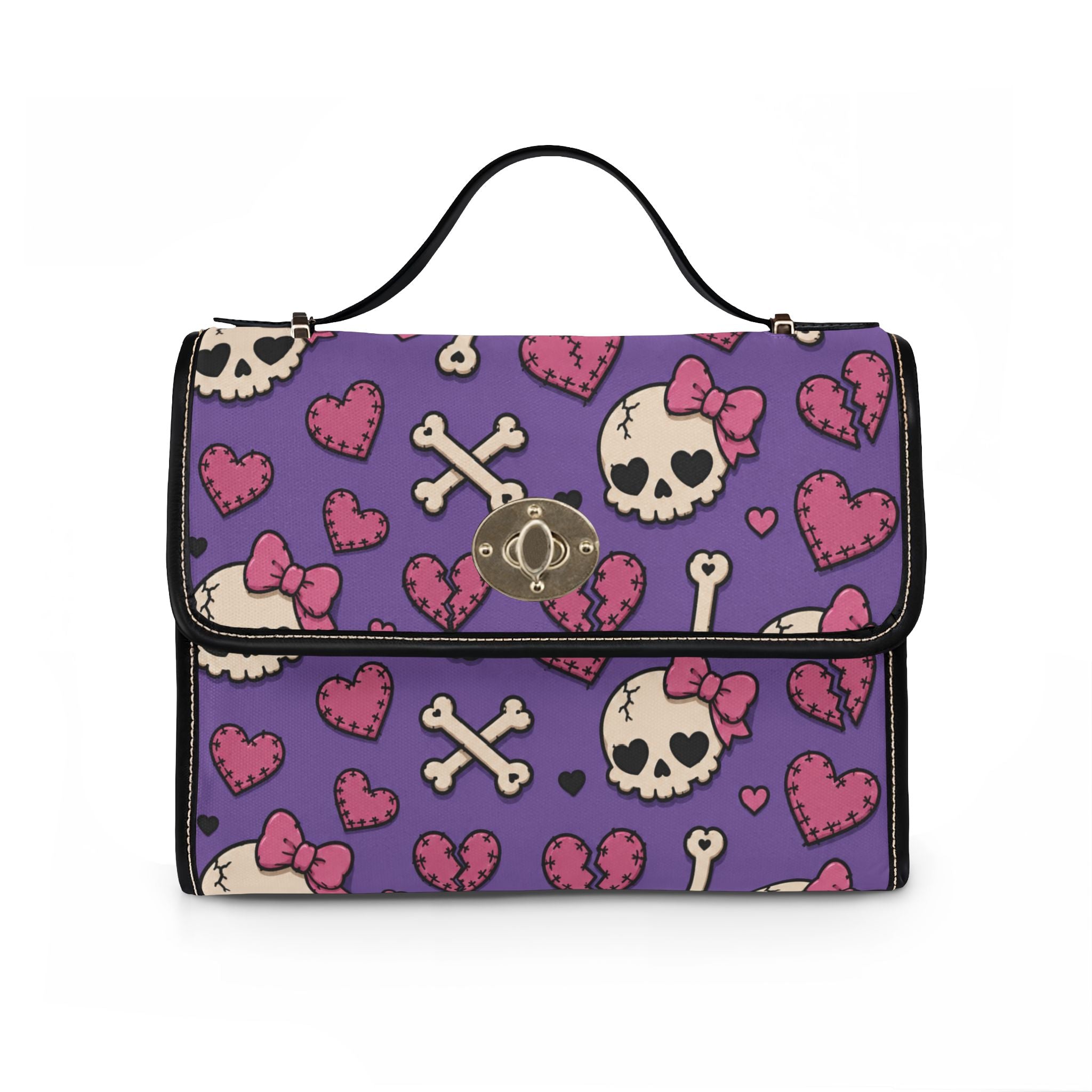 Cute Skull and Hearts Purple Pattern Waterproof Canvas Bag | Skull Crossbones Hearts Tote