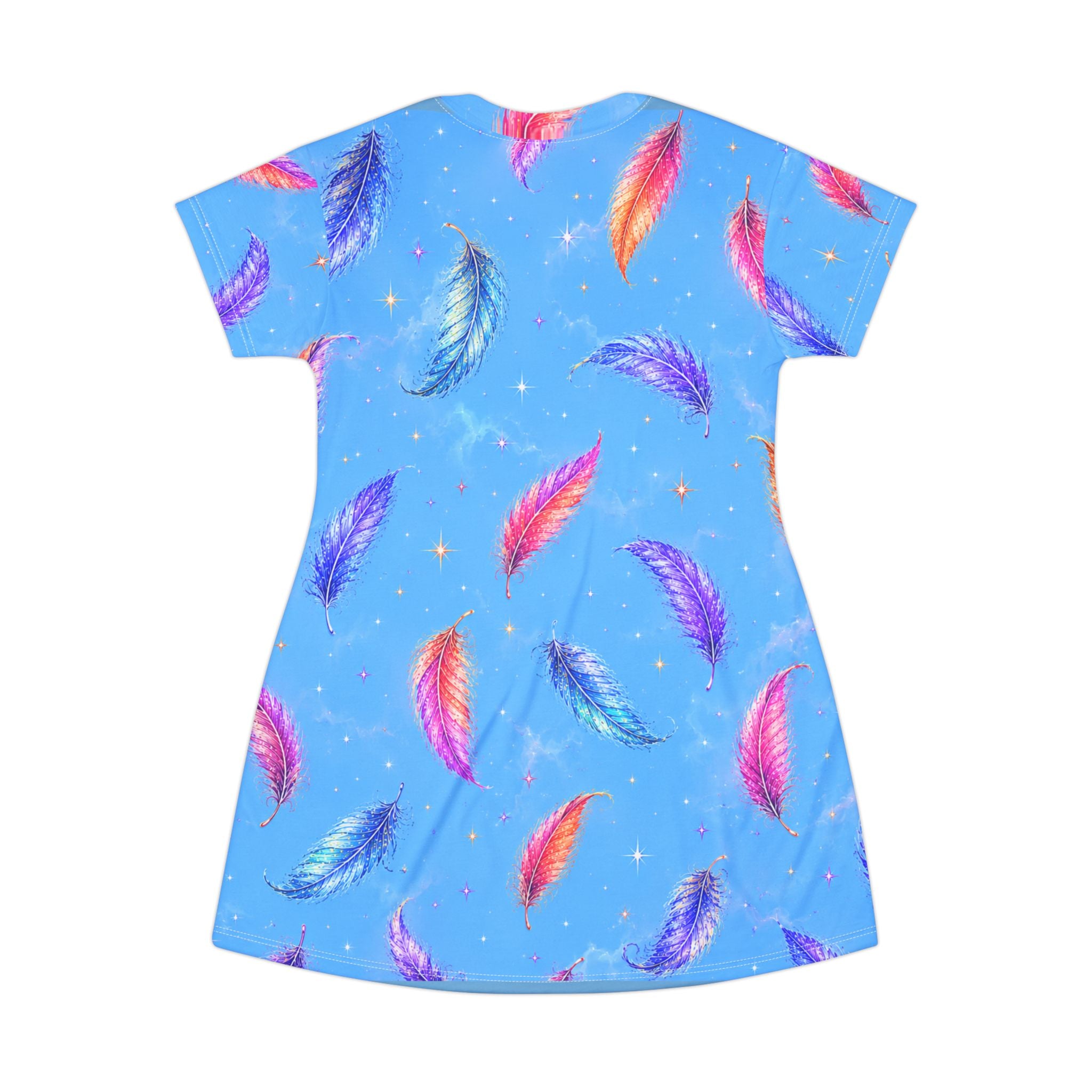Feather Dream T-Shirt Dress - Colorful Watercolor Feathers AOP