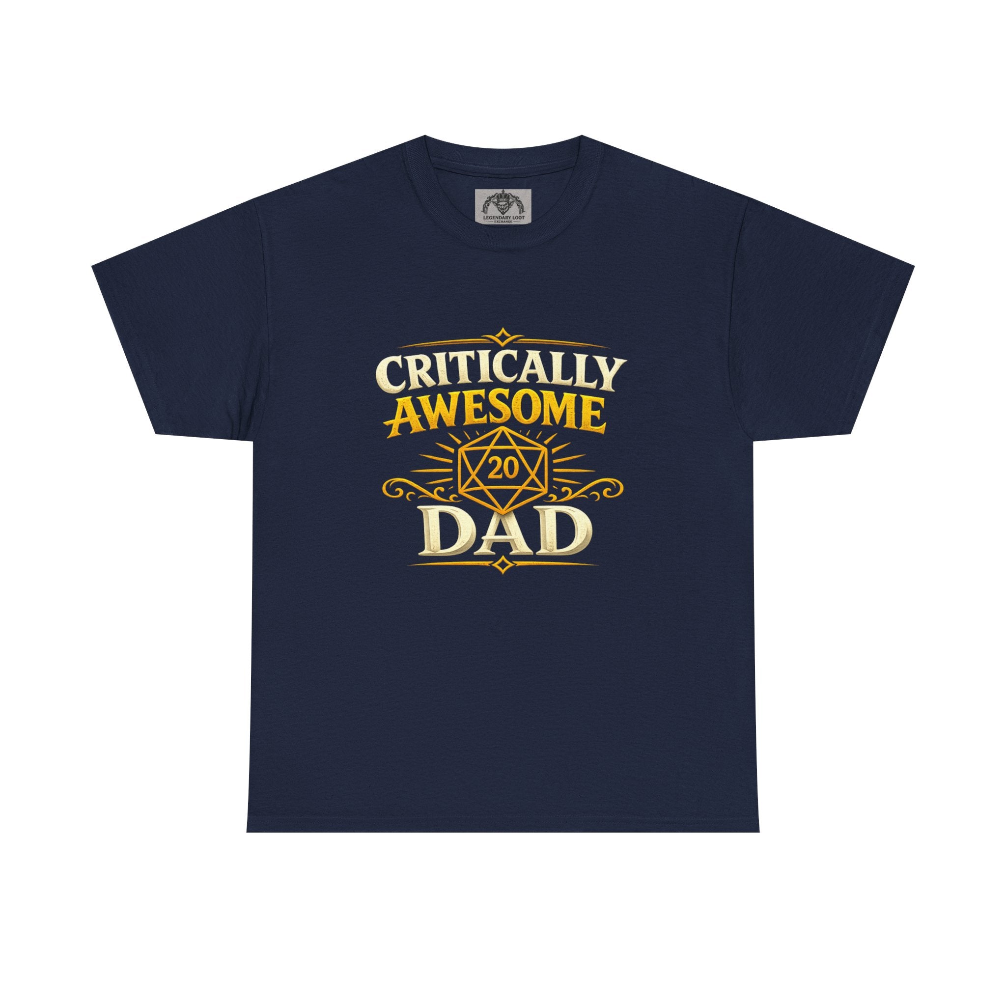 Critically Awesome Dad T‑Shirt – Gold D20 Gaming Father Tee (Father’s Day, Gamer Dad Gift)