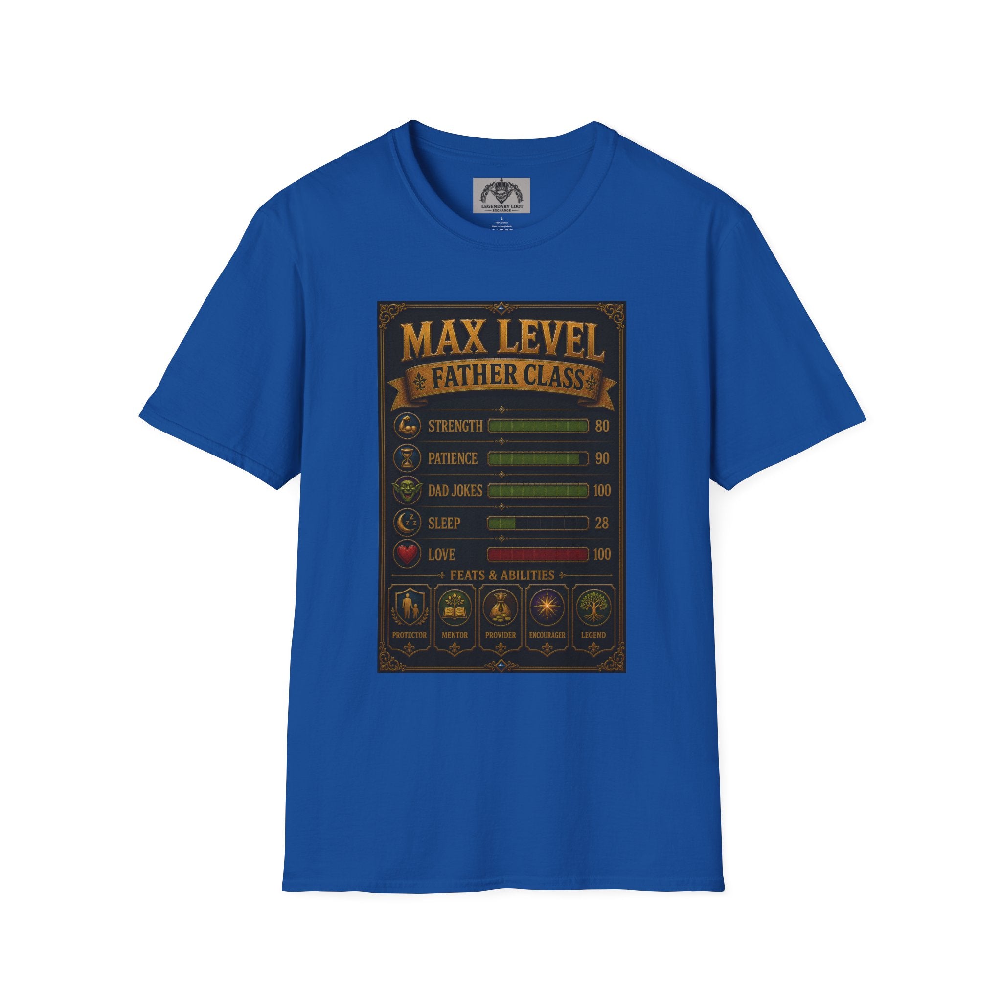 T-Shirt — "Max Level Father Class" Funny Gamer Dad Shirt (Strength, Patience, Dad Jokes)