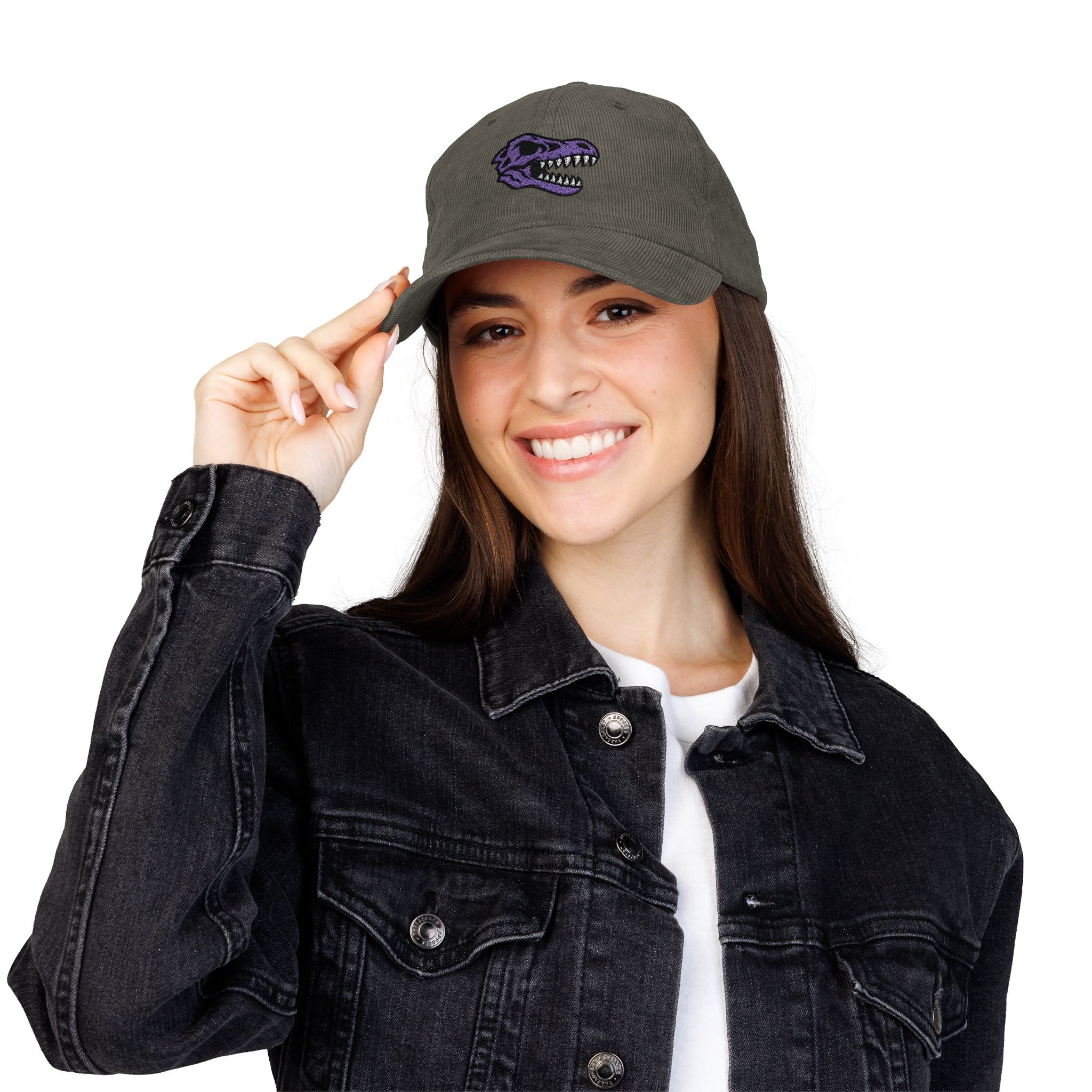 Vintage Corduroy Baseball Cap — Embroidered Purple Dino Skull