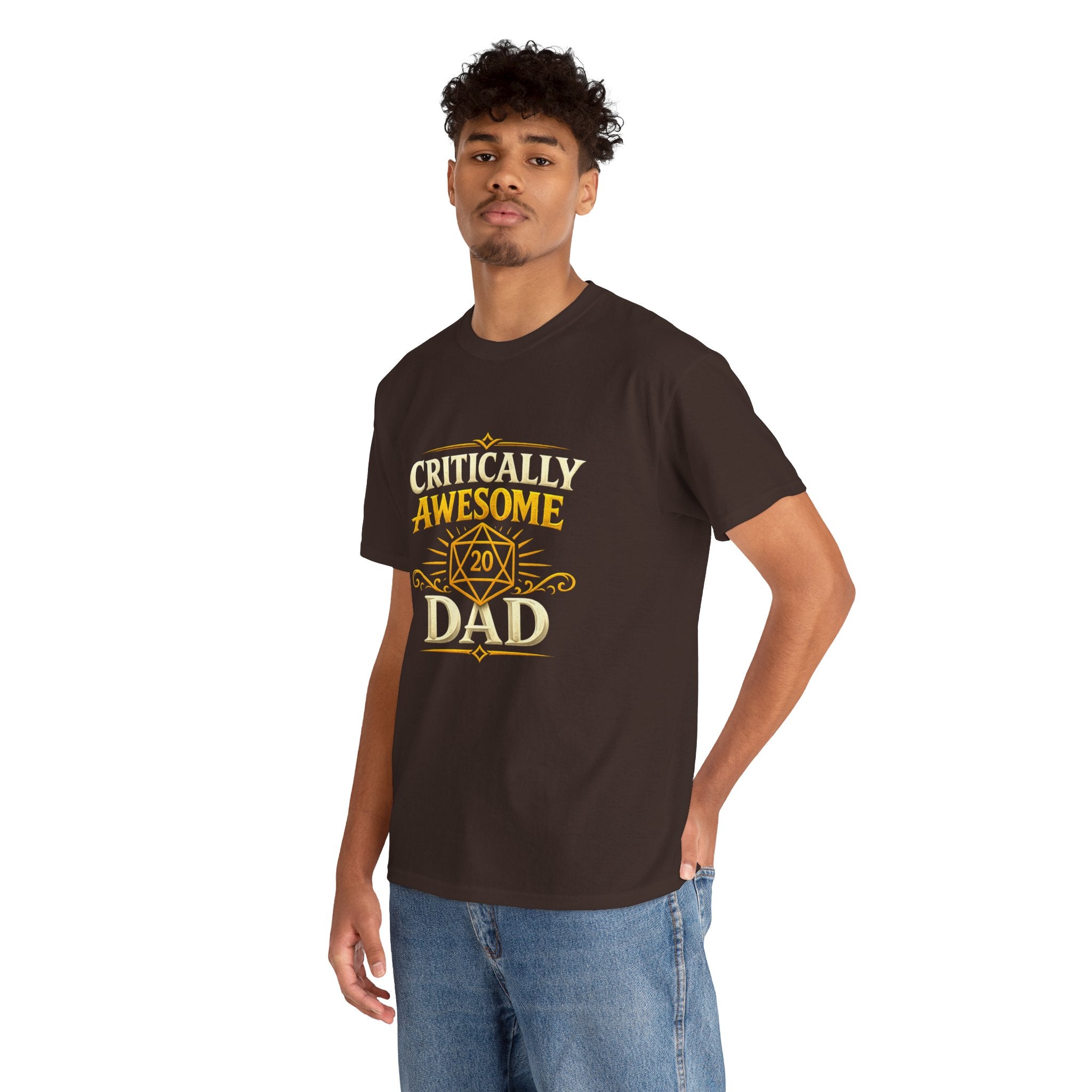 Critically Awesome Dad T‑Shirt – Gold D20 Gaming Father Tee (Father’s Day, Gamer Dad Gift)