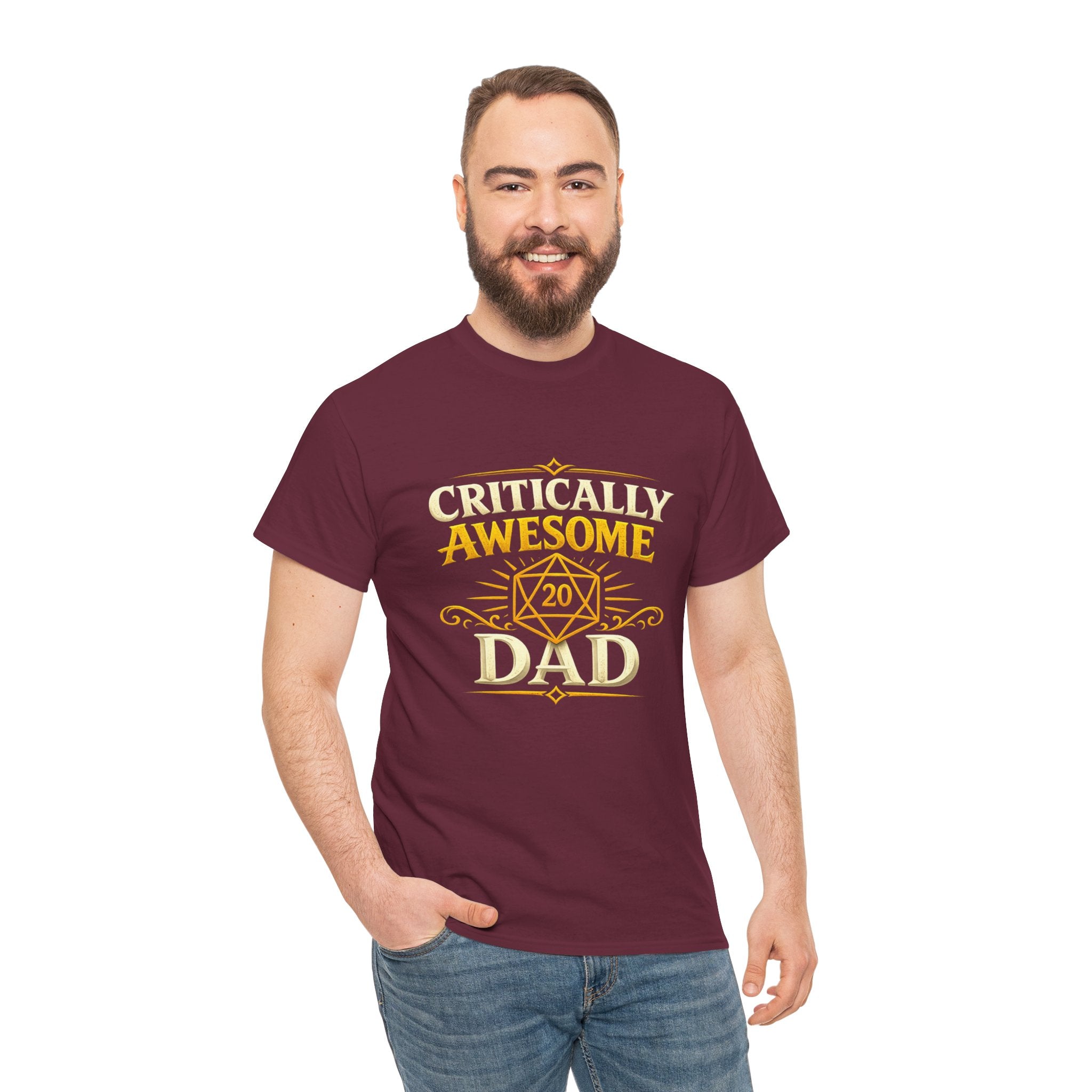 Critically Awesome Dad T‑Shirt – Gold D20 Gaming Father Tee (Father’s Day, Gamer Dad Gift)