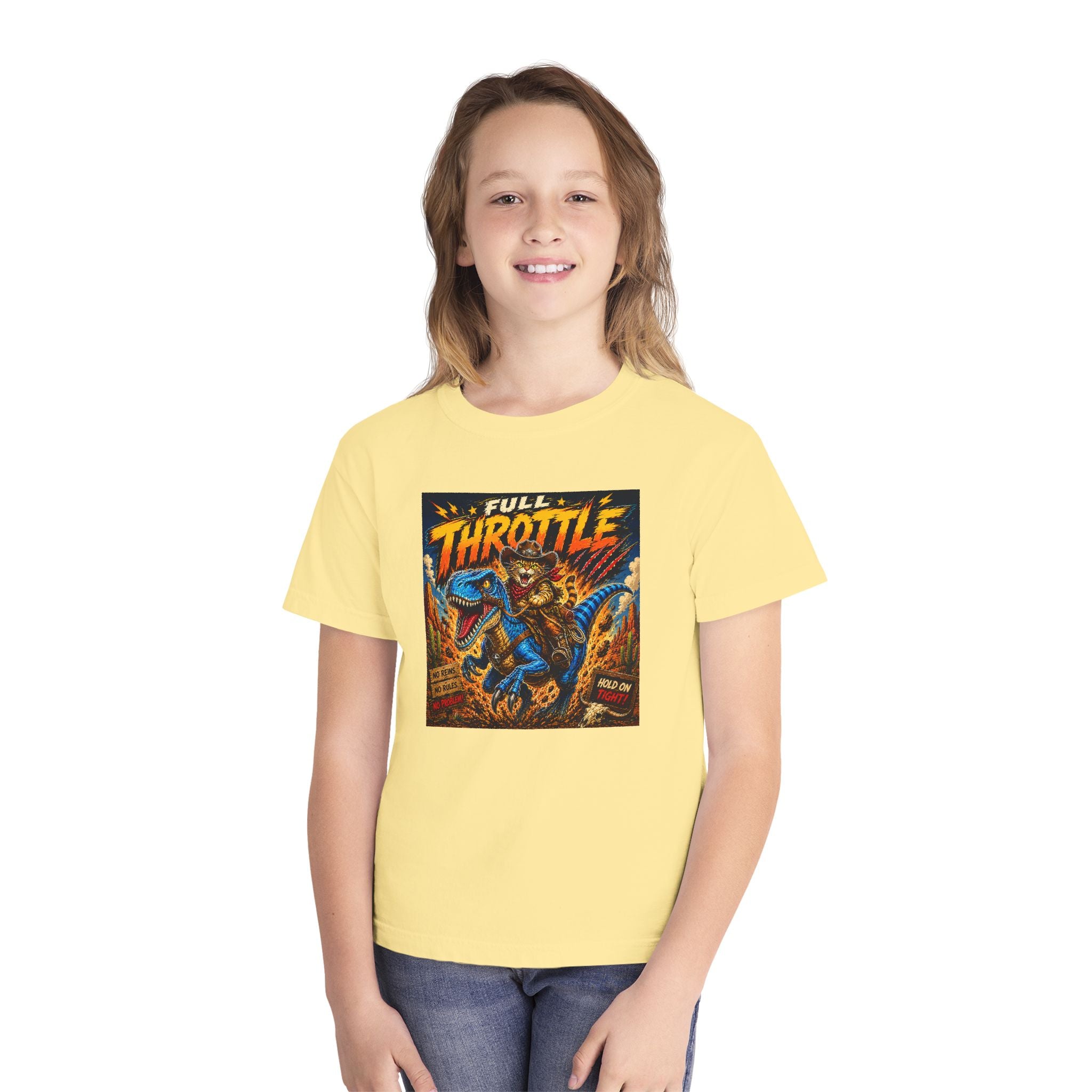 Full Throttle Kids Shirt | Cowboy Riding Dinosaur Tee | Retro Raptor Youth Shirt