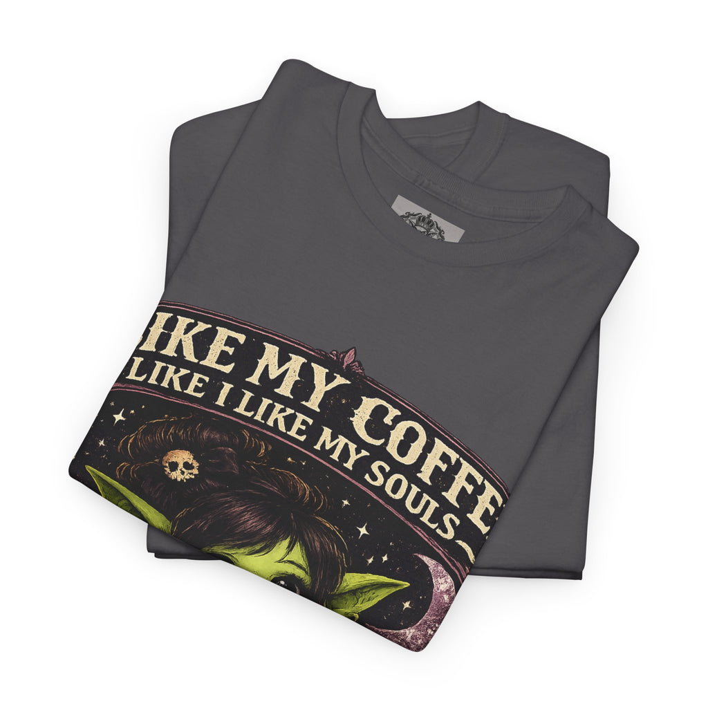 Like My Coffee Tee — "Like My Coffee Like I Like My Souls: Dark and Consumed Daily" Gothic Graphic T-Shirt