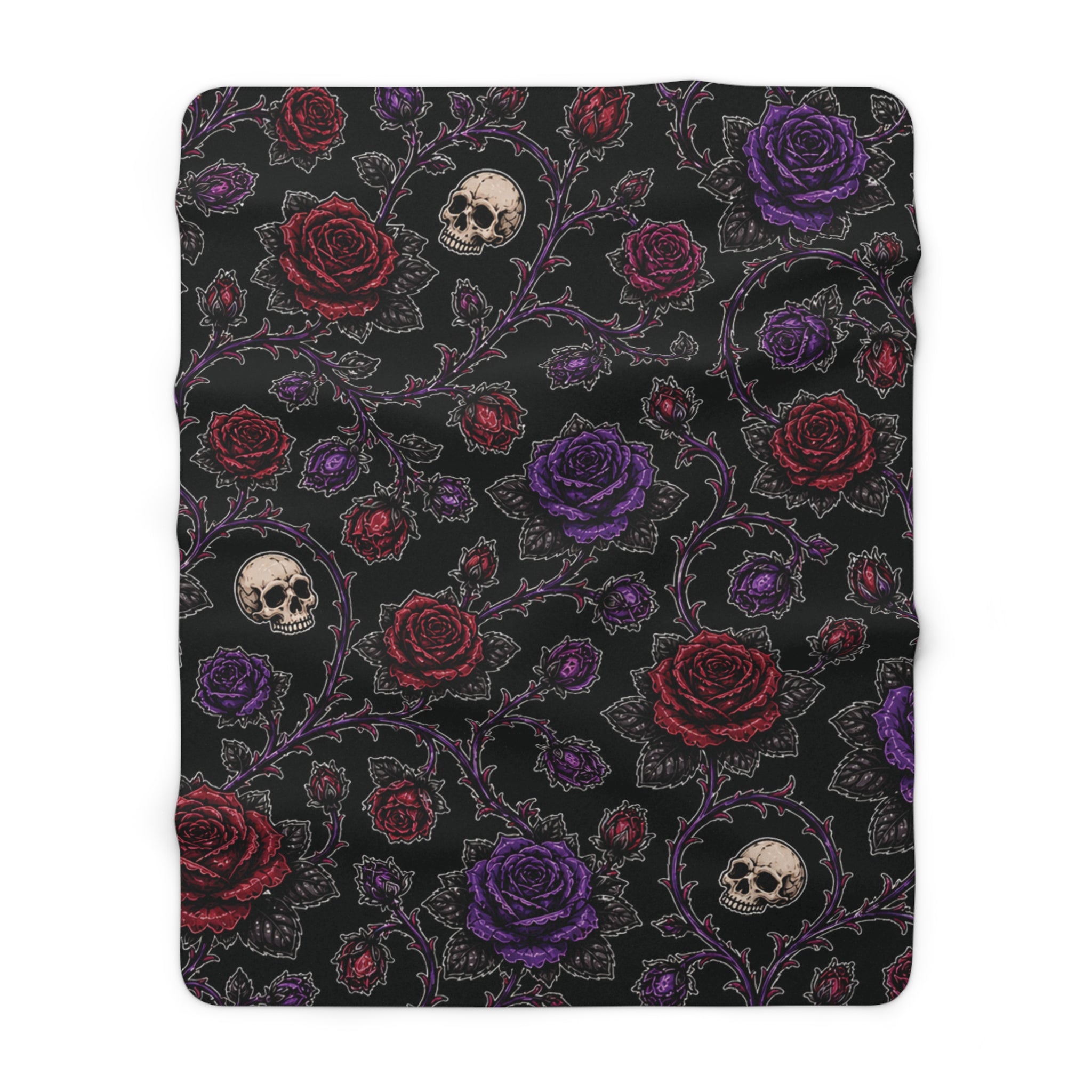 Gothic Skull and Roses Sherpa Blanket | Dark Floral Skull Throw