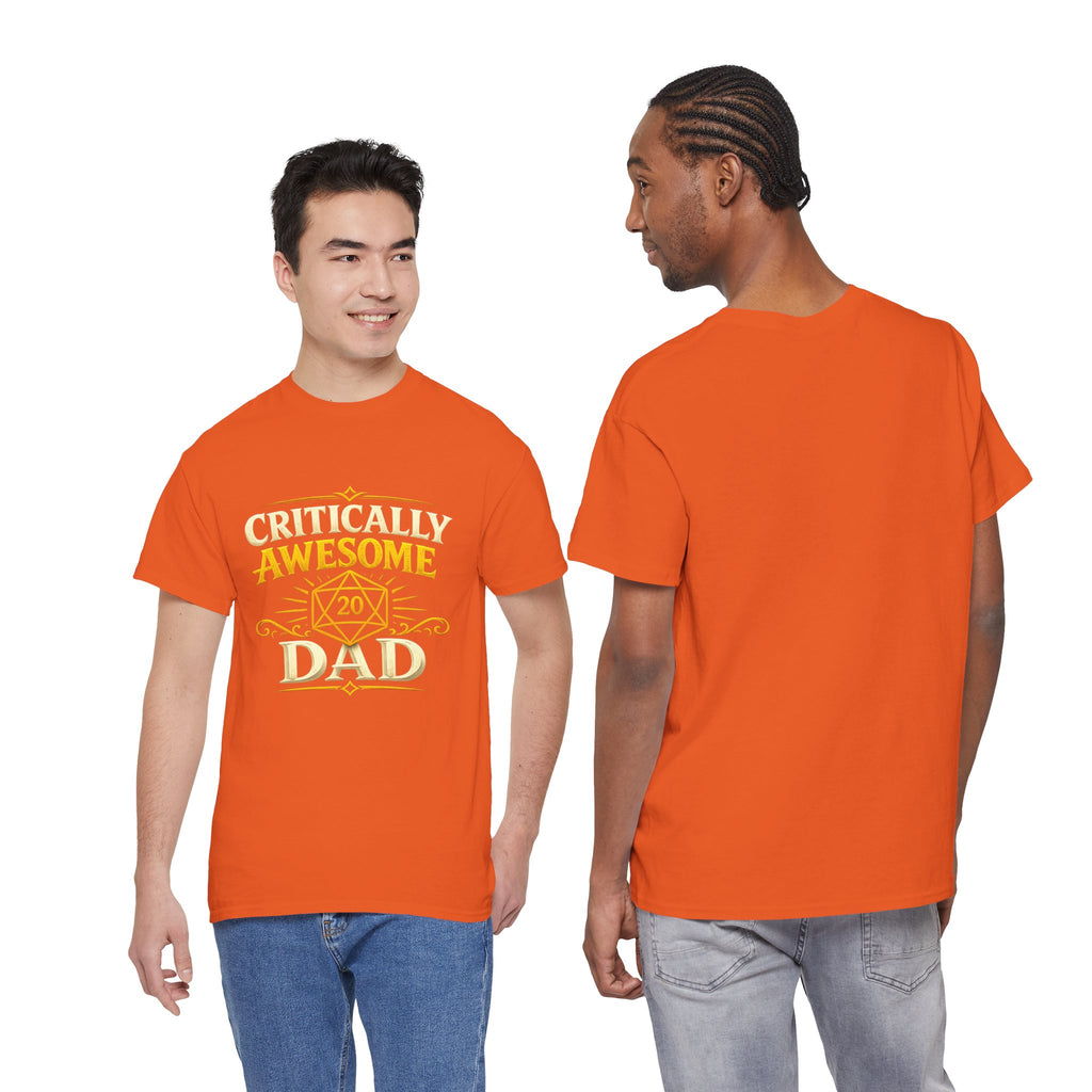 Critically Awesome Dad T‑Shirt – Gold D20 Gaming Father Tee (Father’s Day, Gamer Dad Gift)