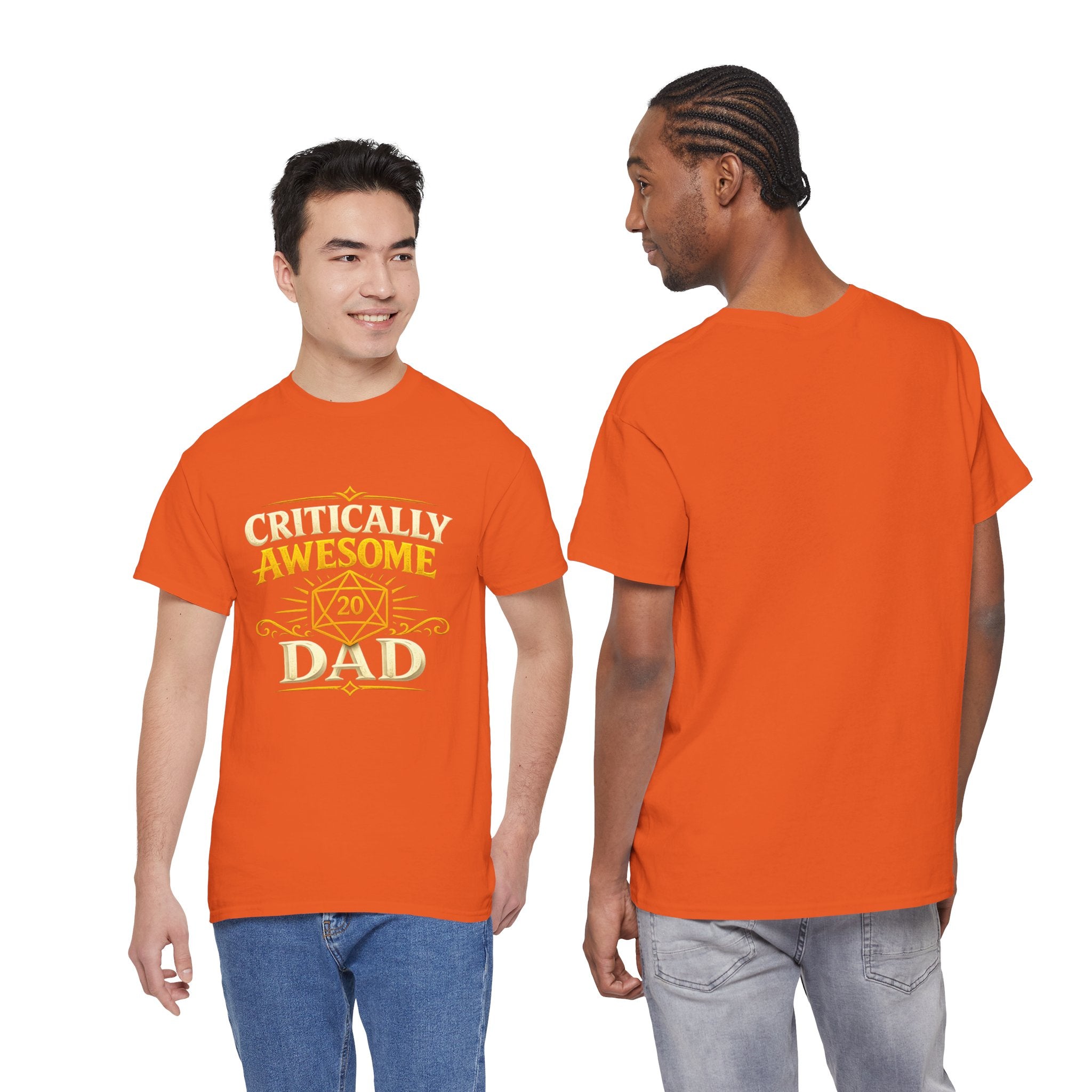 Critically Awesome Dad T‑Shirt – Gold D20 Gaming Father Tee (Father’s Day, Gamer Dad Gift)