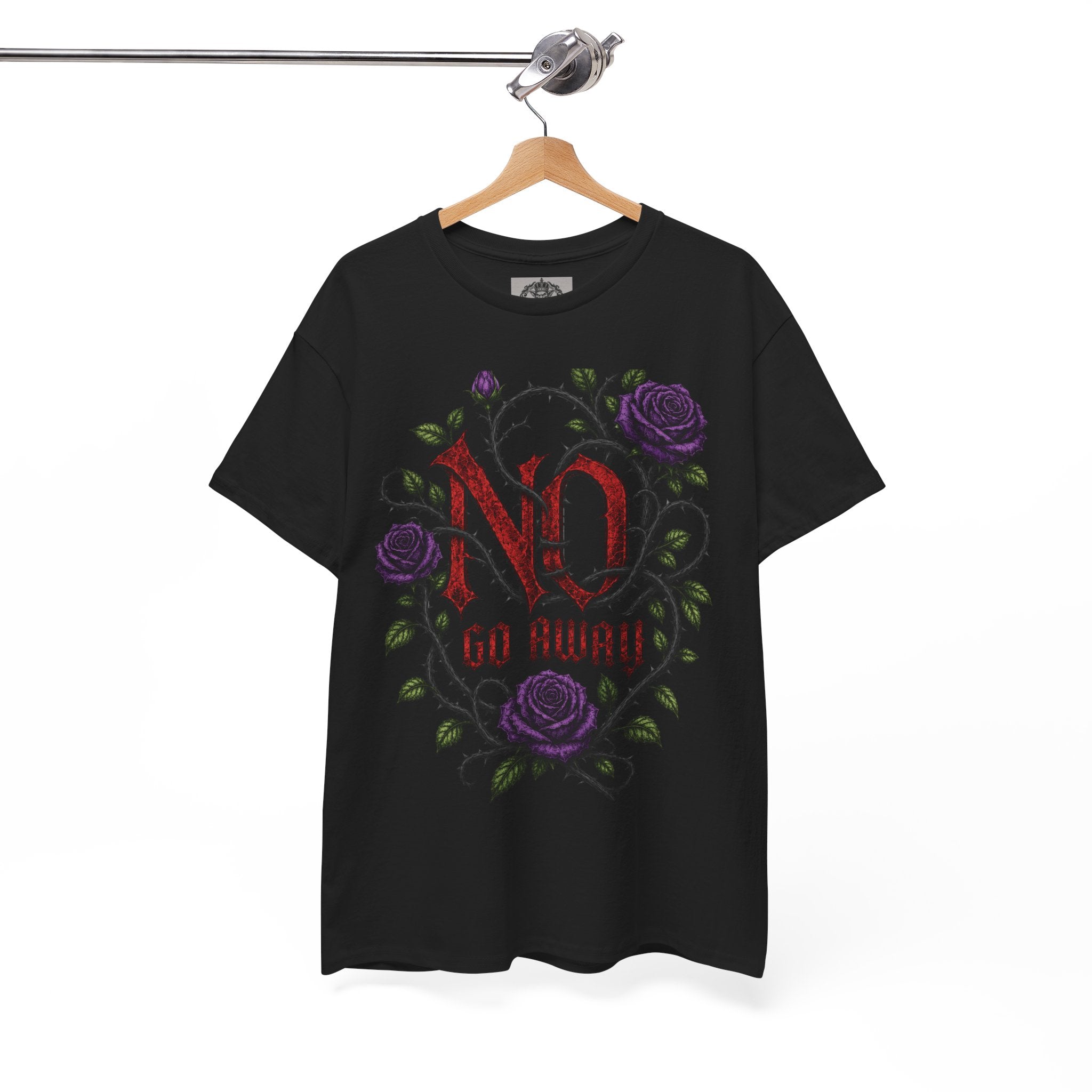 No Go Away T-Shirt | Gothic Purple Roses, Dark Floral Typography