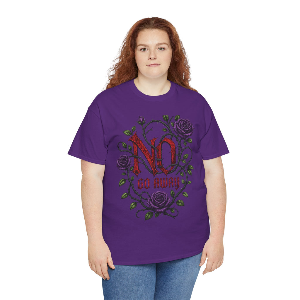 No Go Away T-Shirt | Gothic Purple Roses, Dark Floral Typography
