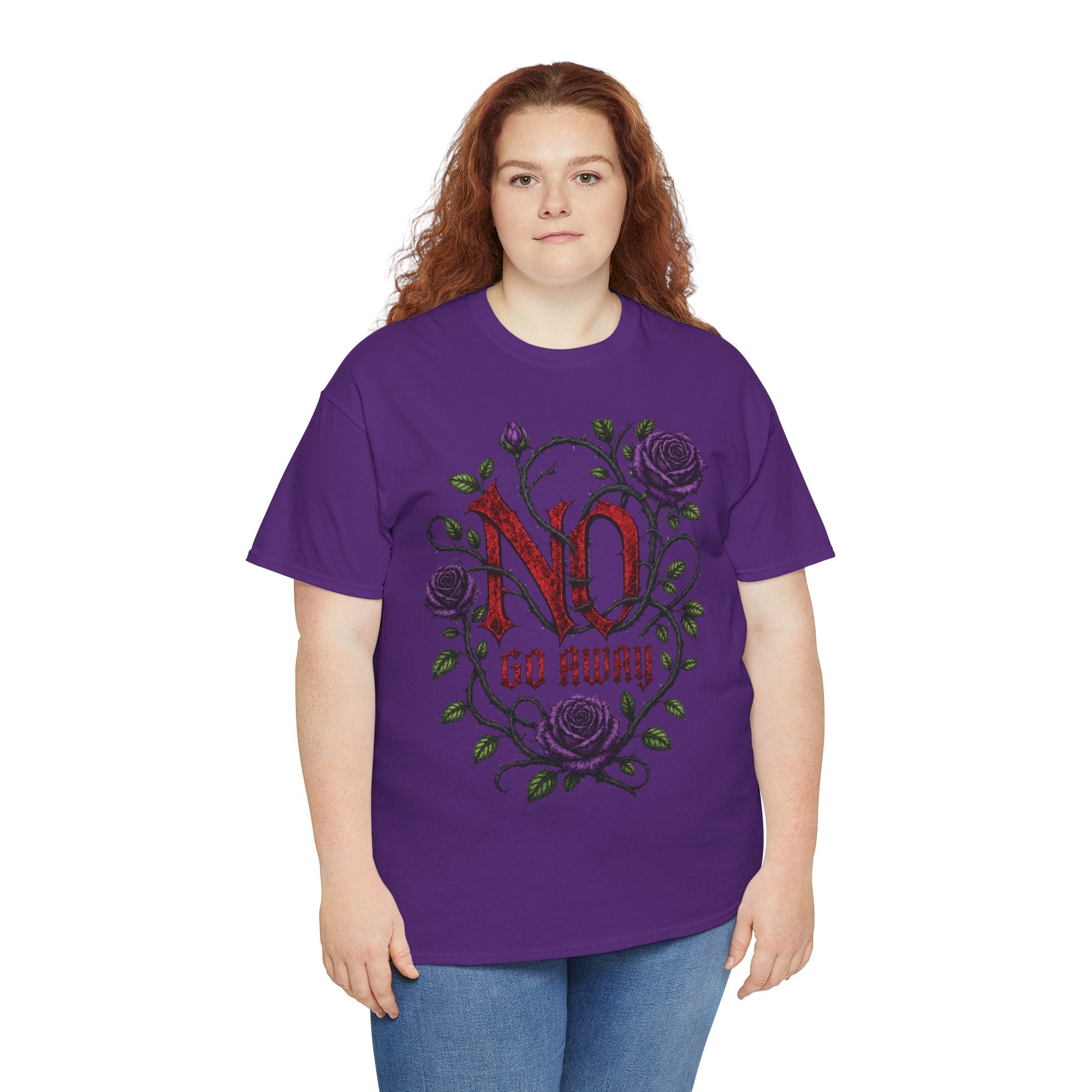 No Go Away T-Shirt | Gothic Purple Roses, Dark Floral Typography